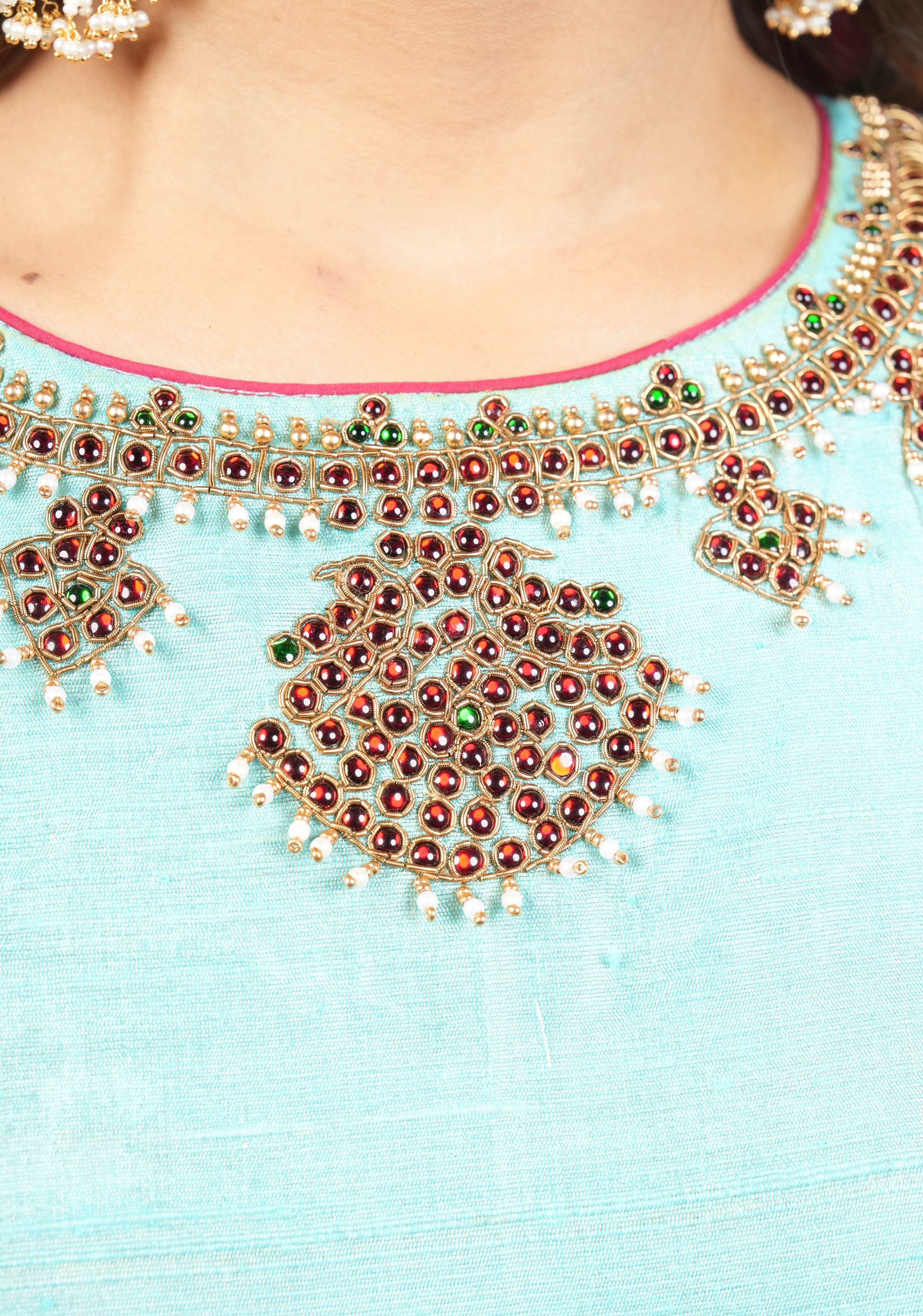 Mint Pure Raw Silk Blouse with Temple Jewelry Necklace Handwork detailing | Shobitam