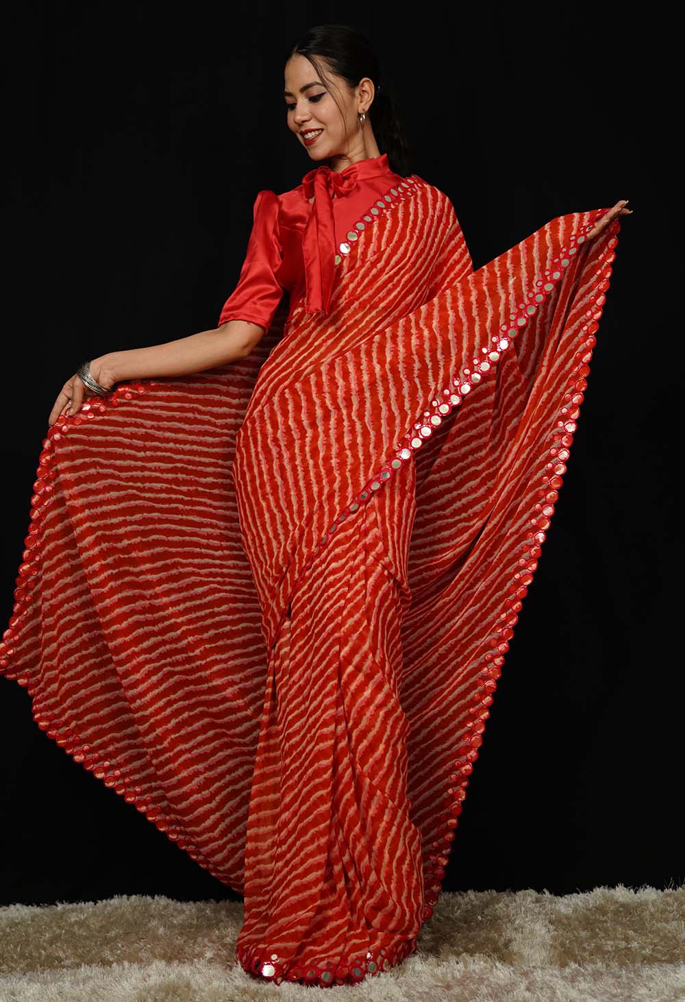 Ready To Wear Red Leheriya Printed With Mirror Lace Border  Wrap in 1 minute saree