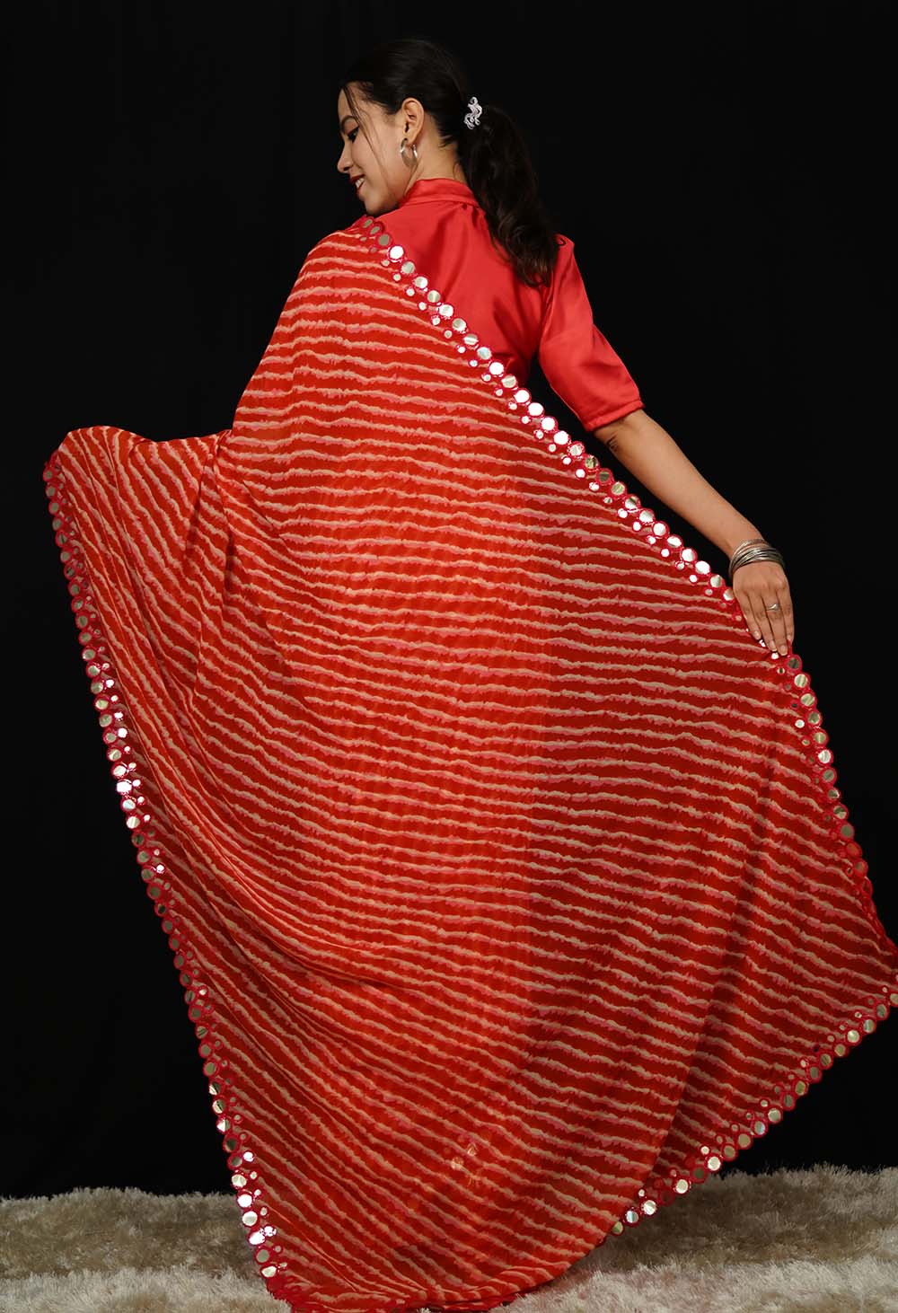 Ready To Wear Red Leheriya Printed With Mirror Lace Border  Wrap in 1 minute saree