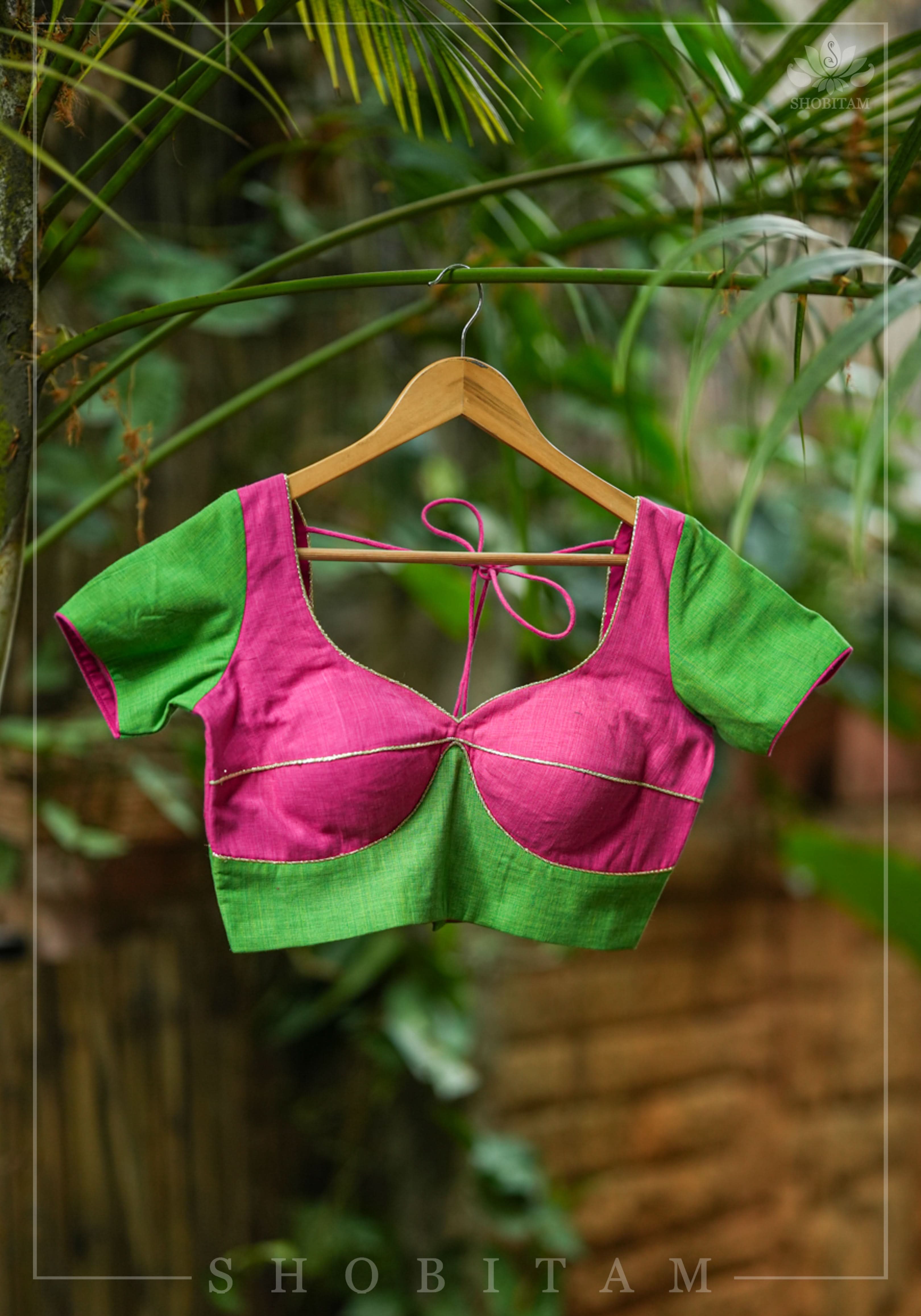 Choli Cut Pink and Green Handloom Cotton Blouse | Shobitam