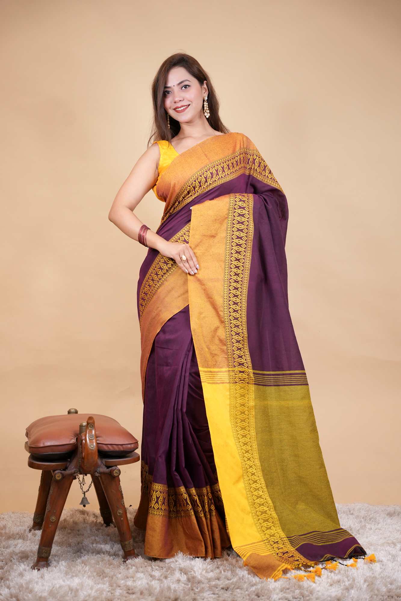 Cotton silk Damask motif dhonekali prestitched saree