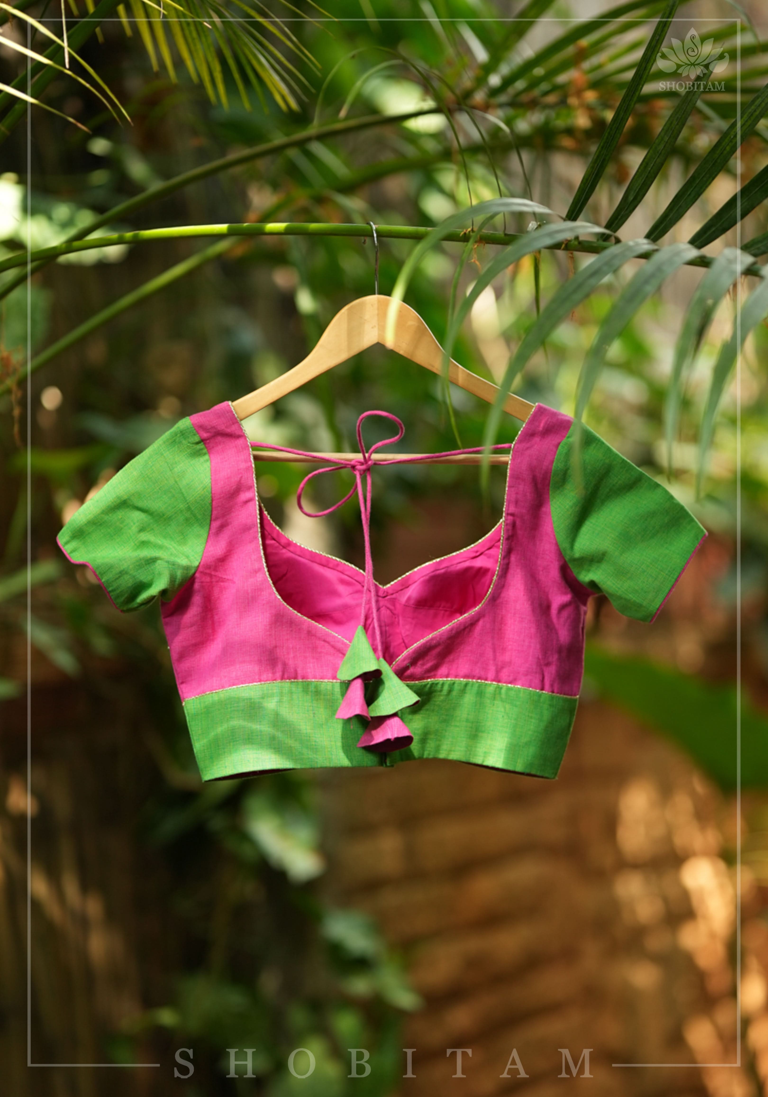 Choli Cut Pink and Green Handloom Cotton Blouse | Shobitam