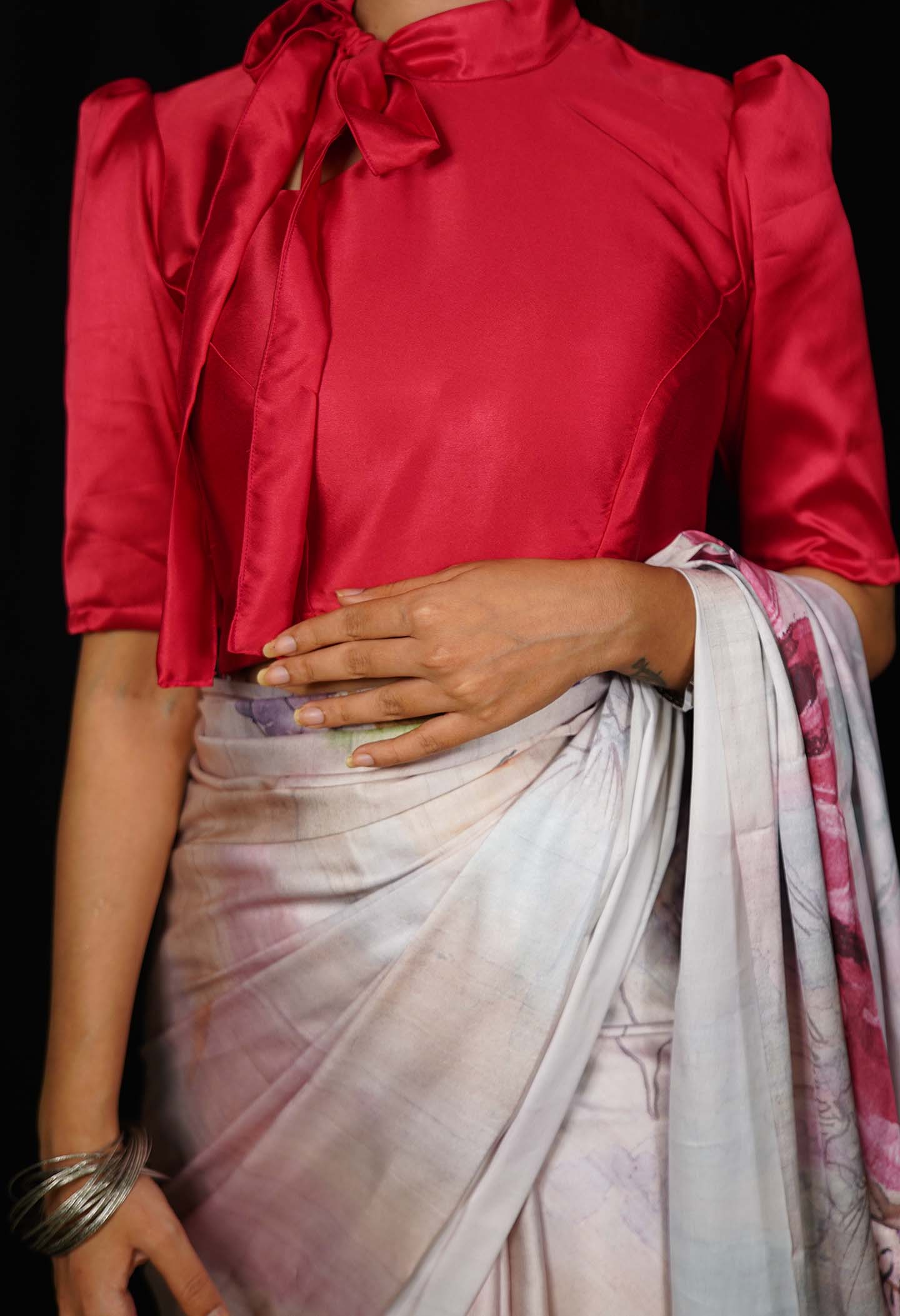 Designer Collar Tying With Puff Sleeve & Princess Cut Detailed Pink Satin Designer Blouse