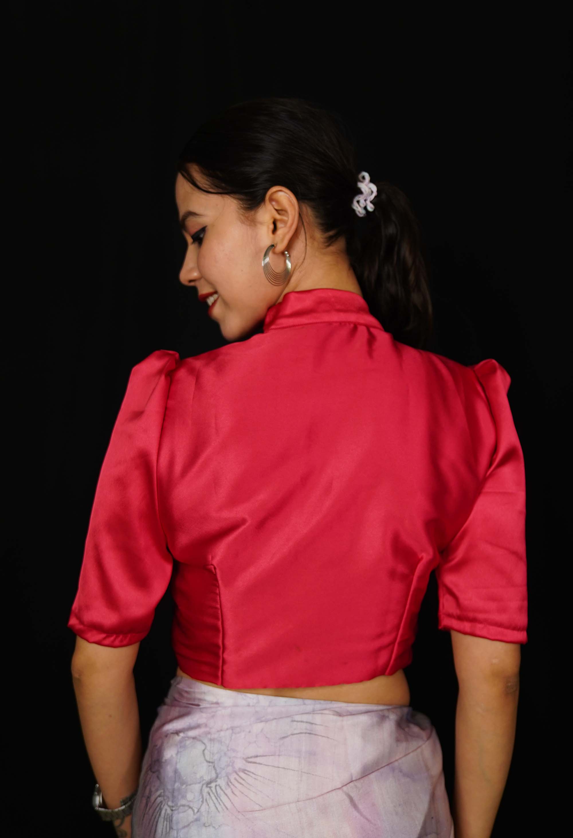 Designer Collar Tying With Puff Sleeve & Princess Cut Detailed Pink Satin Designer Blouse