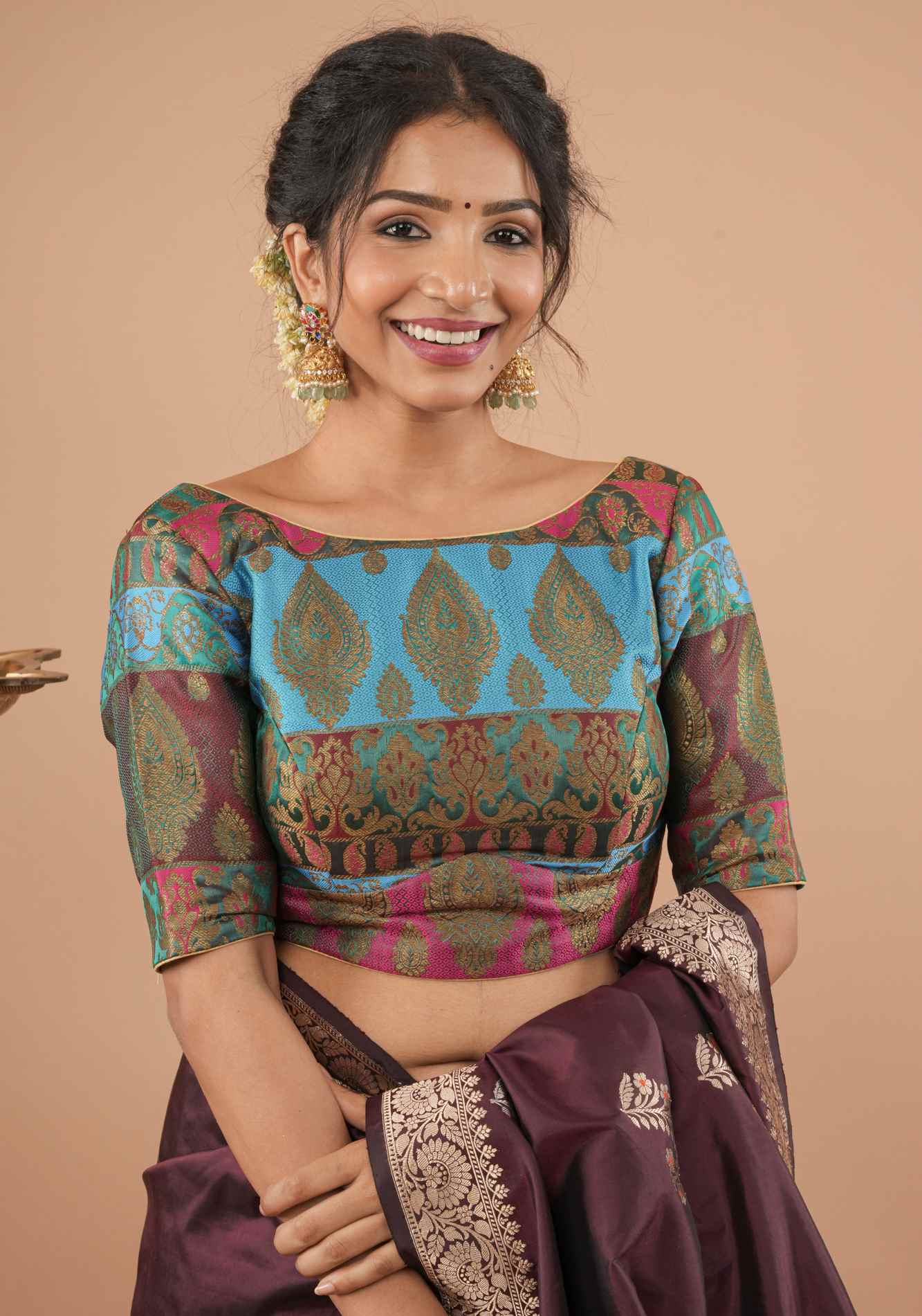 Banarasi multicolor Boat Neck Blouse | Made To Order