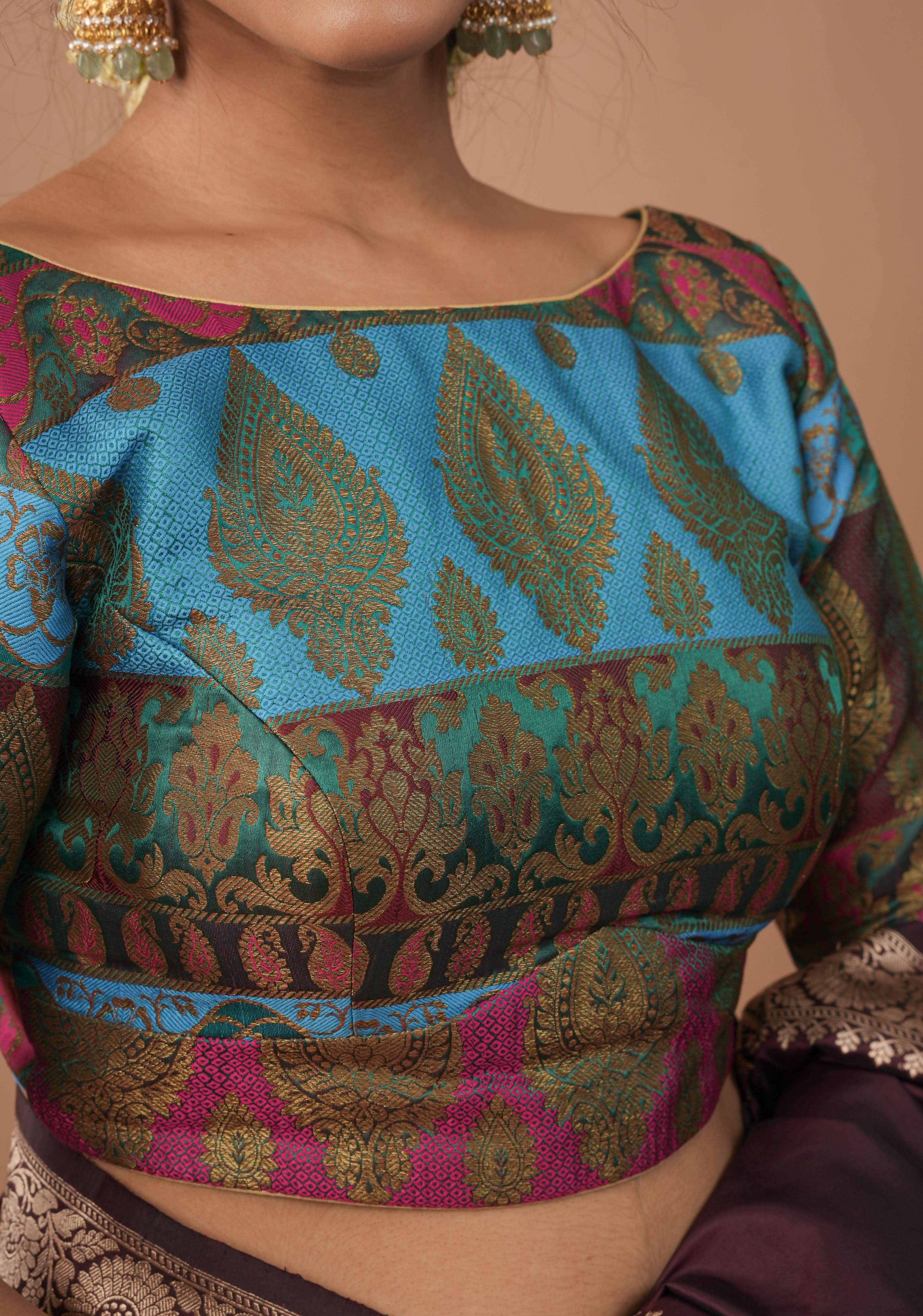 Banarasi multicolor Boat Neck Antique zari brocade Blouse | Made To Order | Shobitam