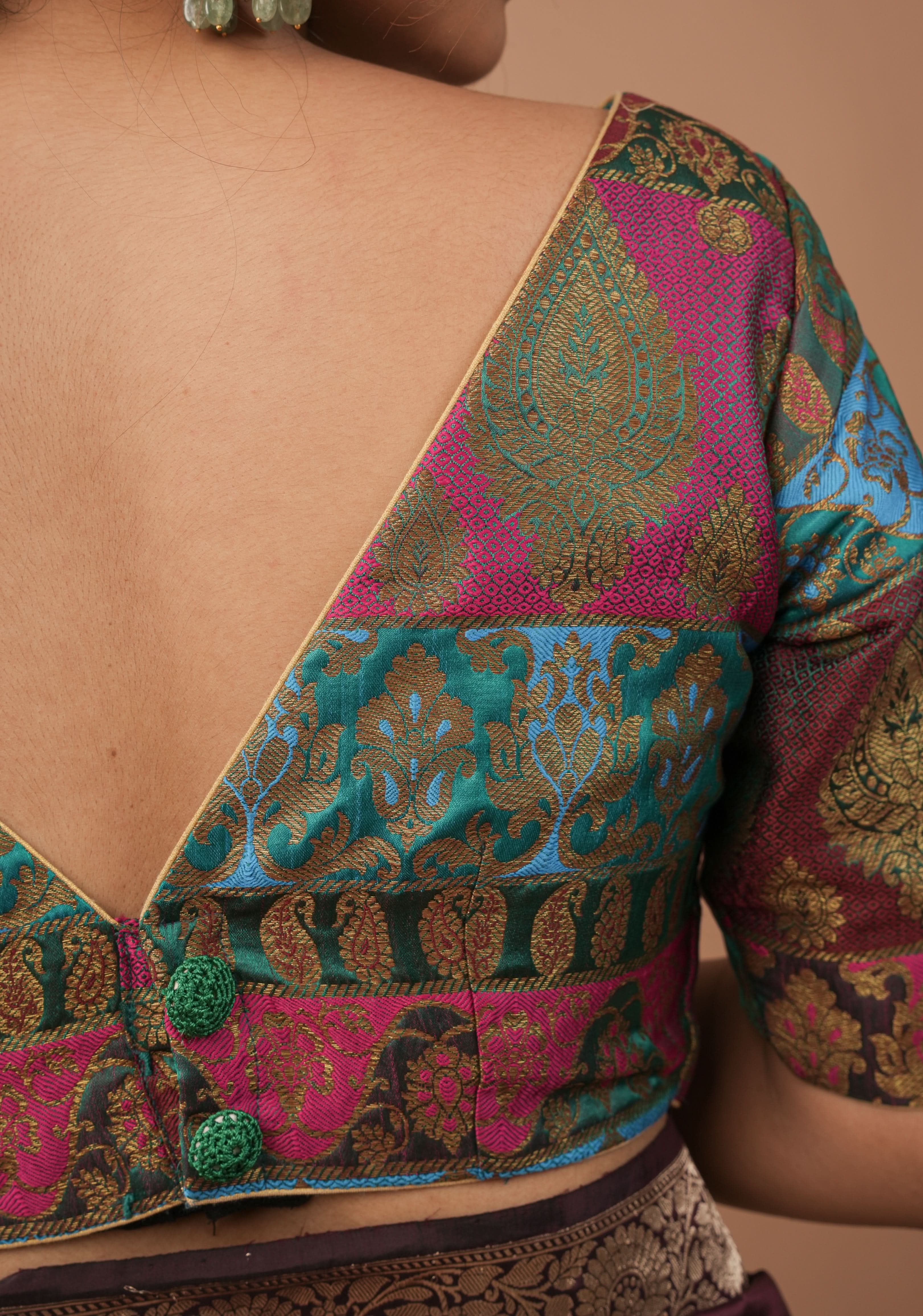 Banarasi multicolor Boat Neck Antique zari brocade Blouse | Made To Order | Shobitam