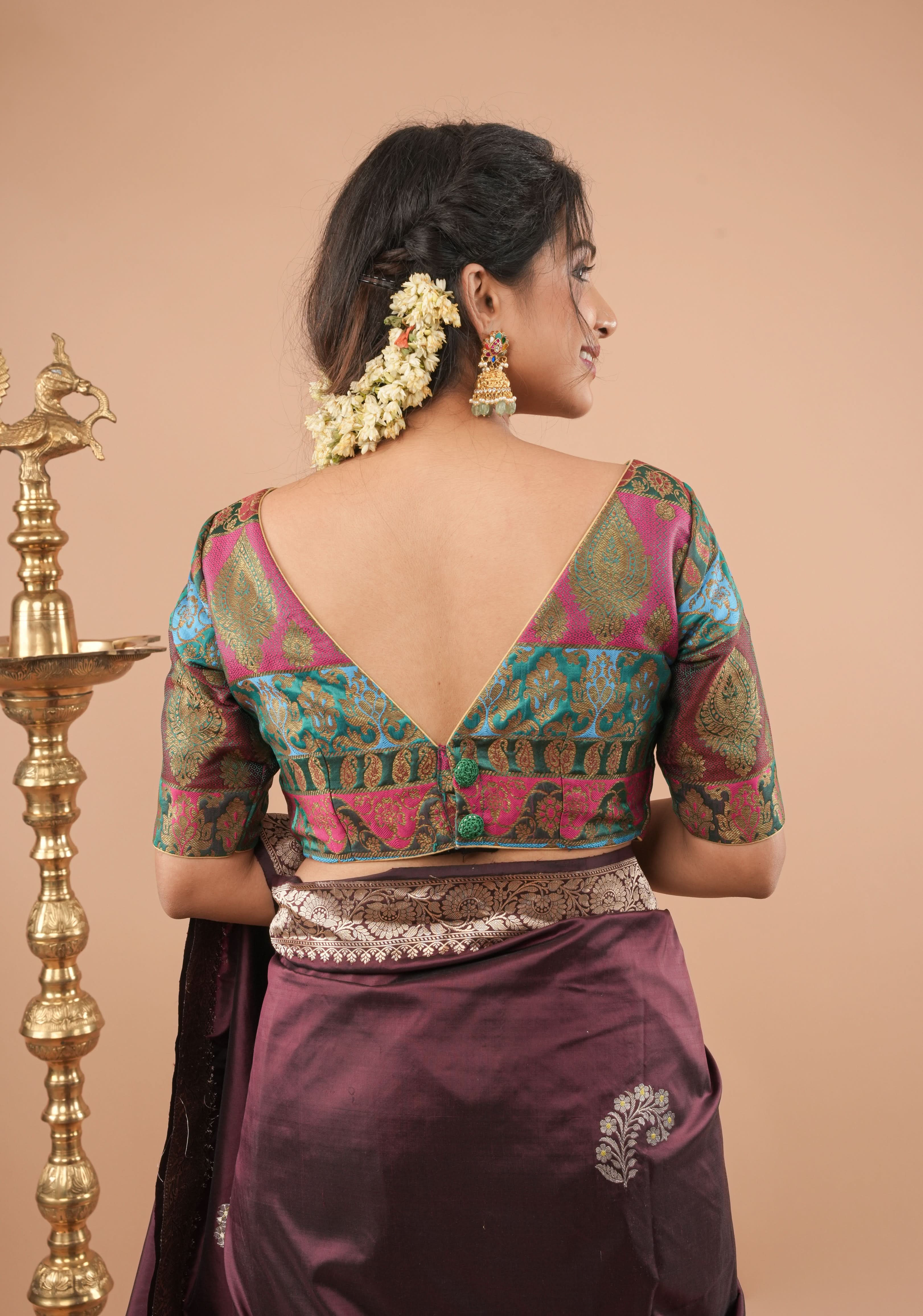 Banarasi multicolor Boat Neck Antique zari brocade Blouse | Made To Order | Shobitam