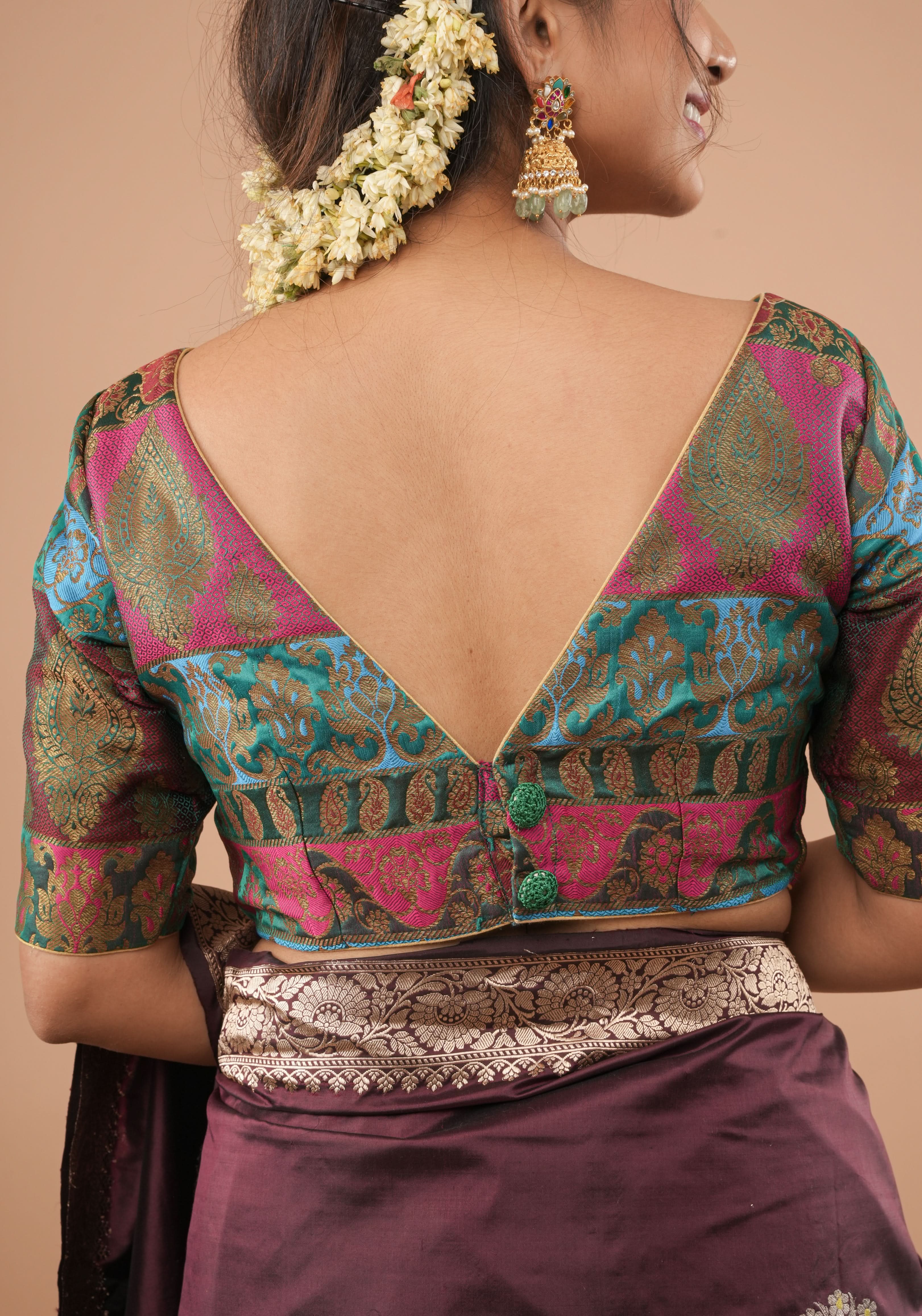 Banarasi multicolor Boat Neck Antique zari brocade Blouse | Made To Order | Shobitam