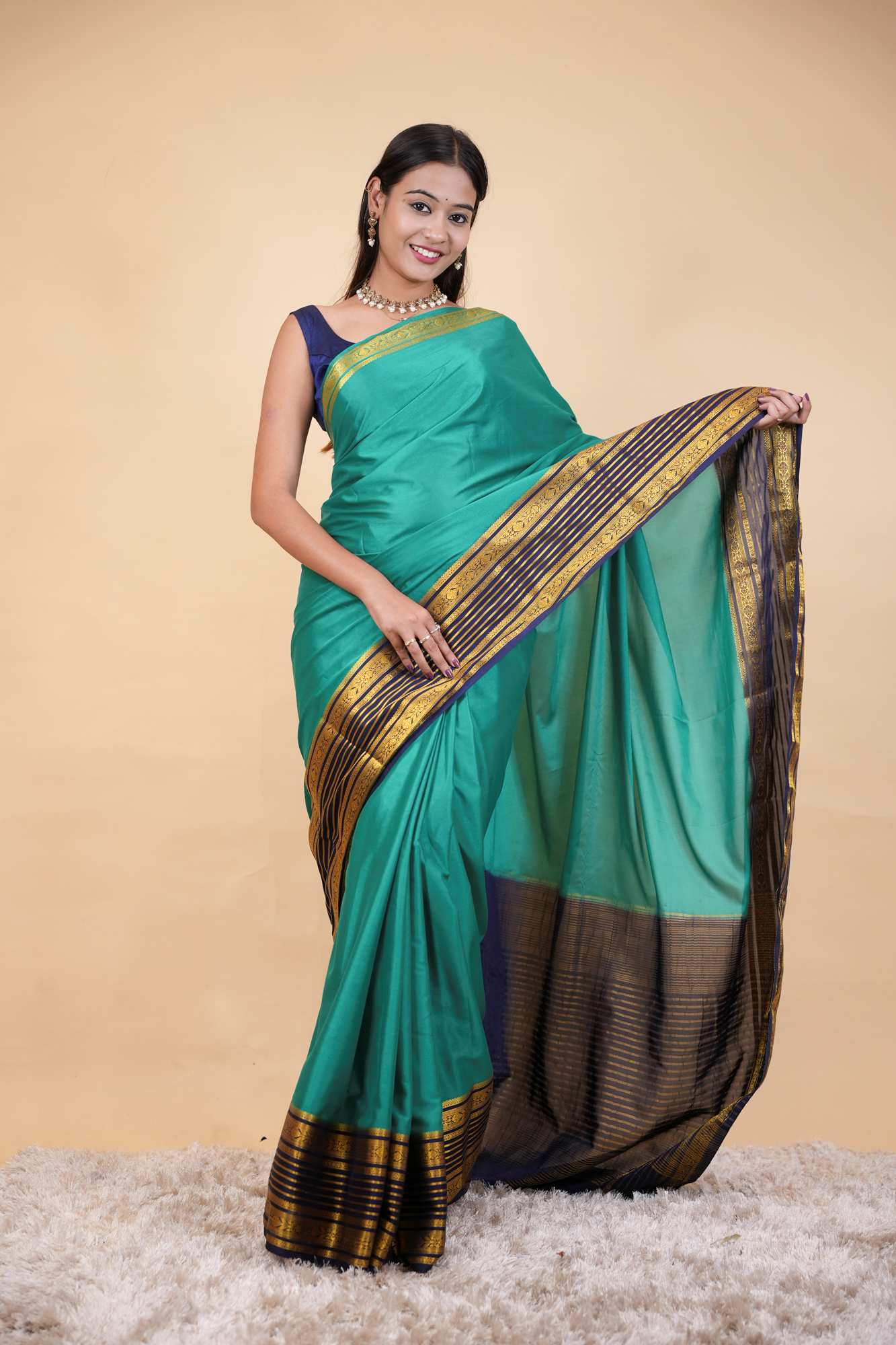 Traditional Mysore Silk with Rich Interwoven Chettinad Zari Border & Pallu Ready To Wear Saree
