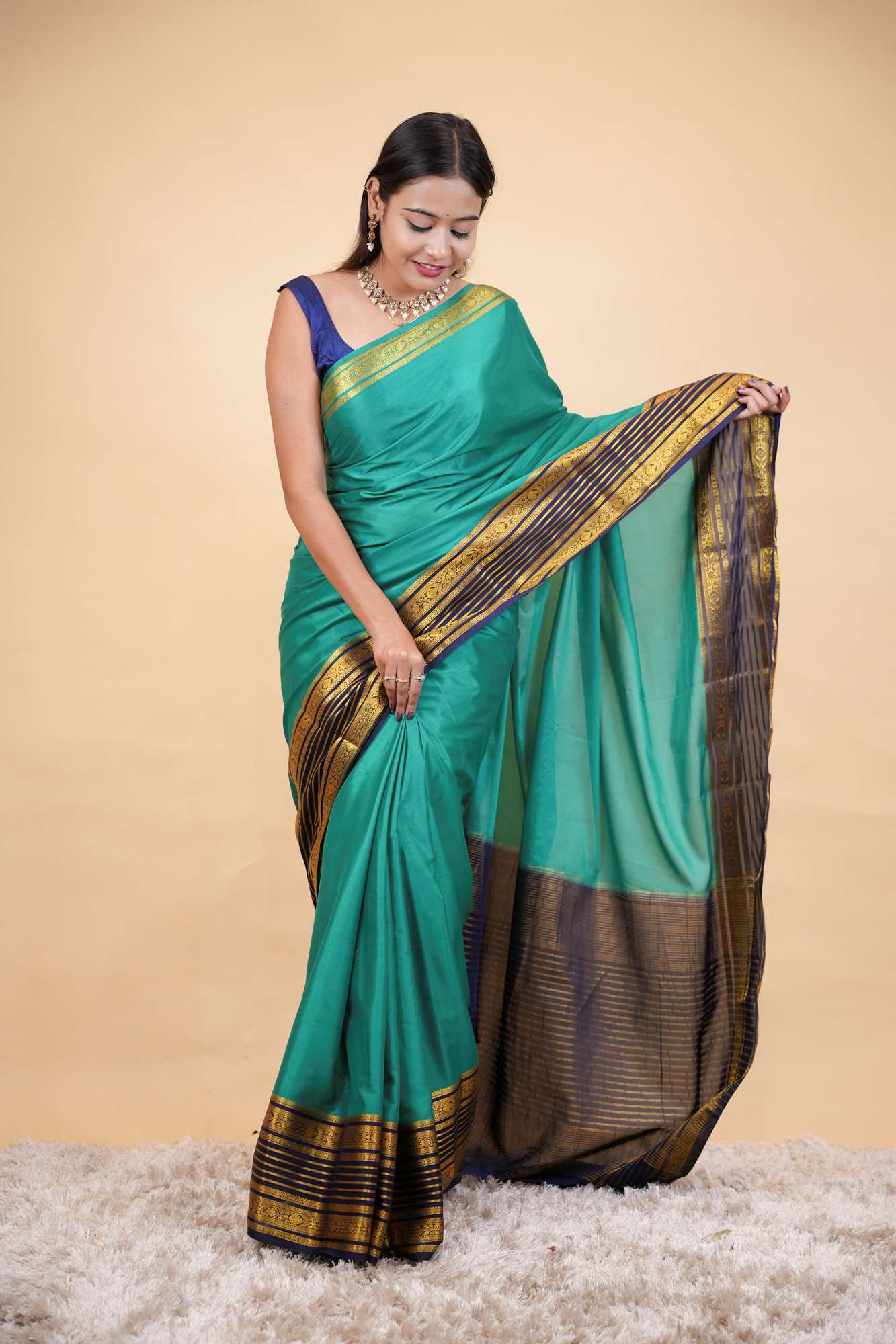 Traditional Mysore Silk with Rich Interwoven Chettinad Zari Border & Pallu Ready To Wear Saree