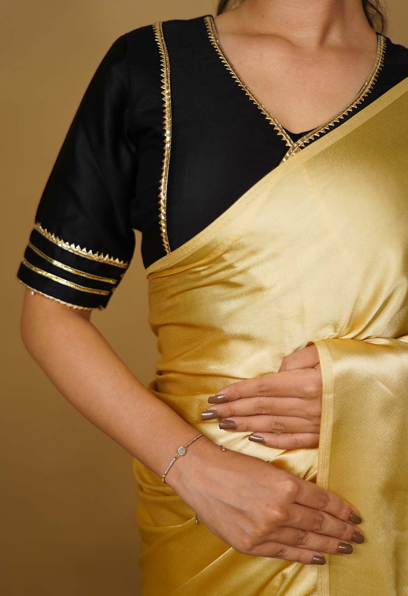 Black With Contrast Golden Gotta Patti Neck with V neck Princess Cut & Lace  Around Neck Padded Designer Blouse