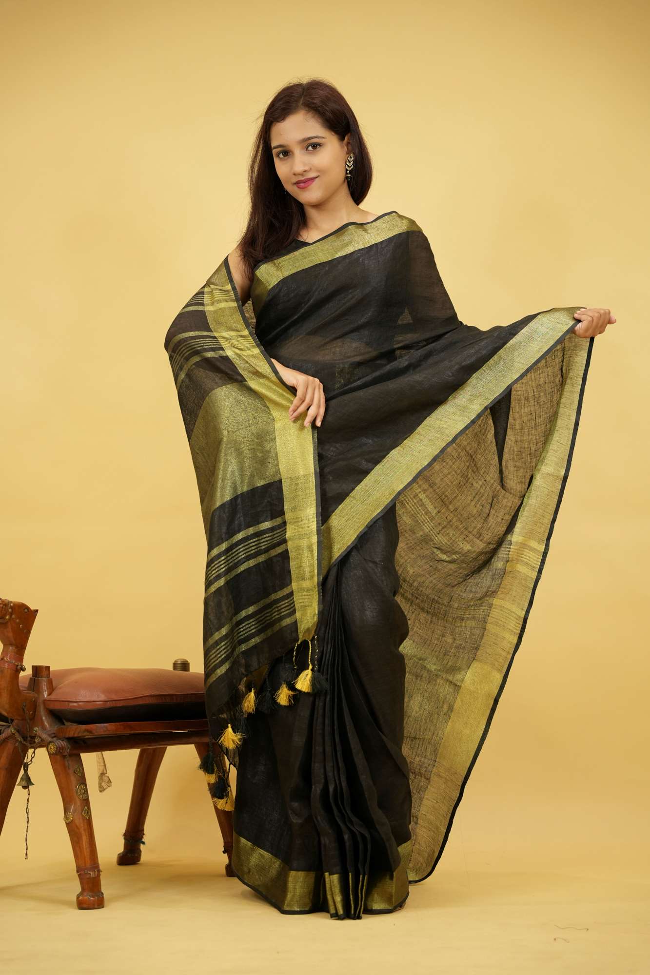 Pure Linen With  Golden Zari  Border Ready To Wear Saree