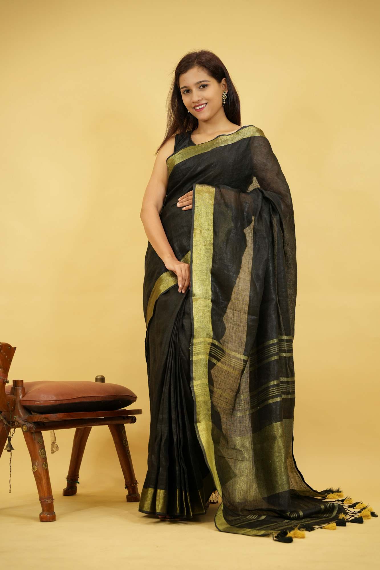 Pure Linen With  Golden Zari  Border Ready To Wear Saree