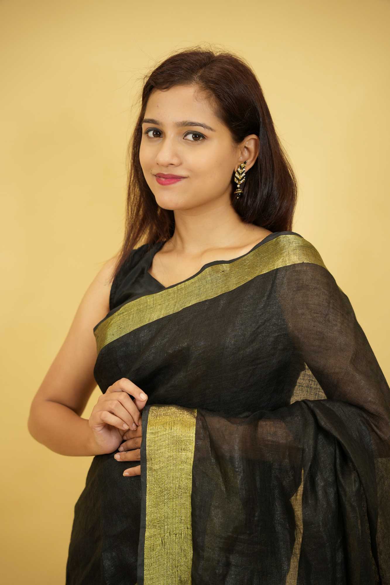 Pure Linen With  Golden Zari  Border Ready To Wear Saree