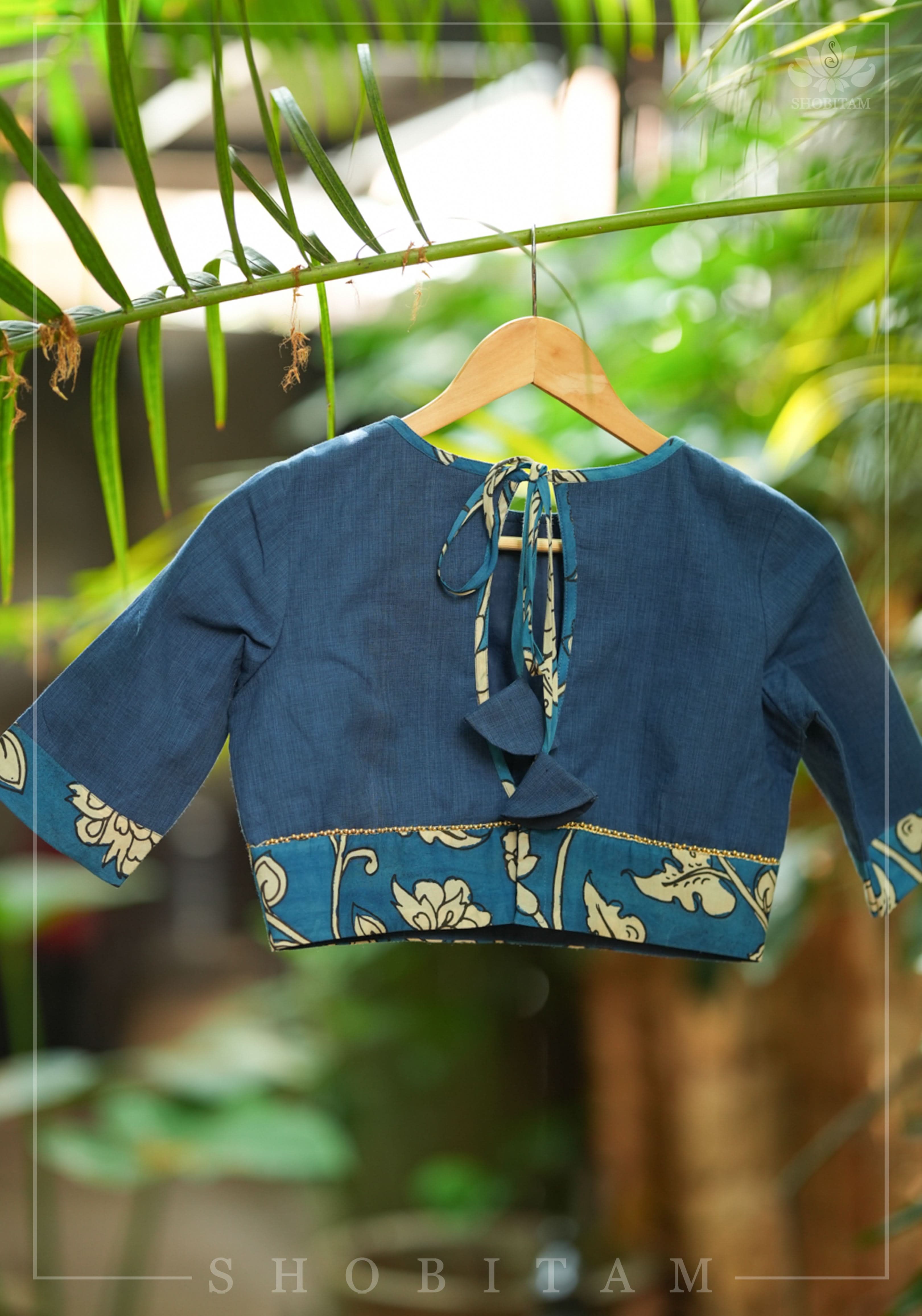 Saphire blue closed neck handloom blouse with handpainted kalamkari border | Shobitam