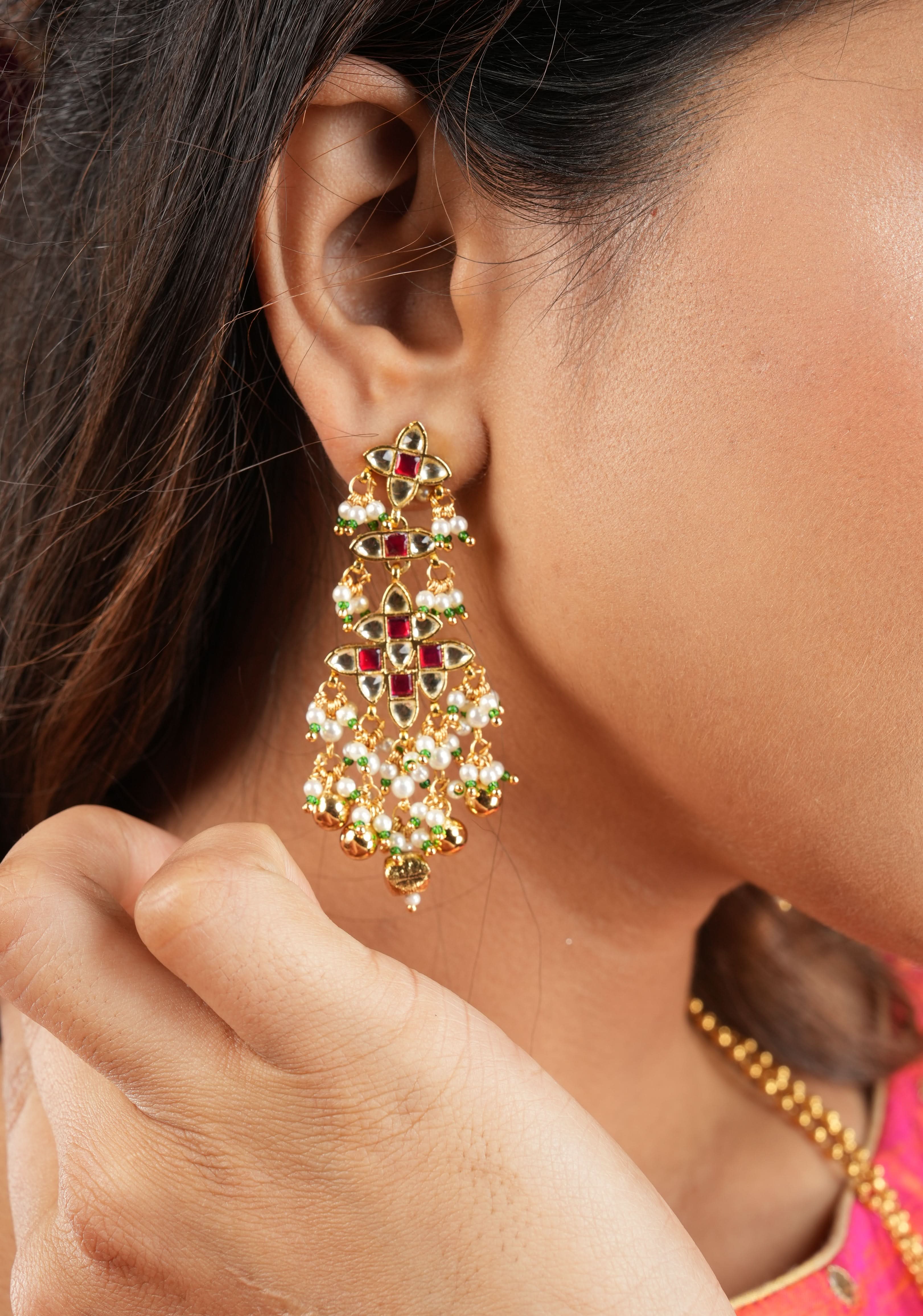 Kundan Meena Rectangular Pendant Neclace and earrings set | Shobitam Jewelry