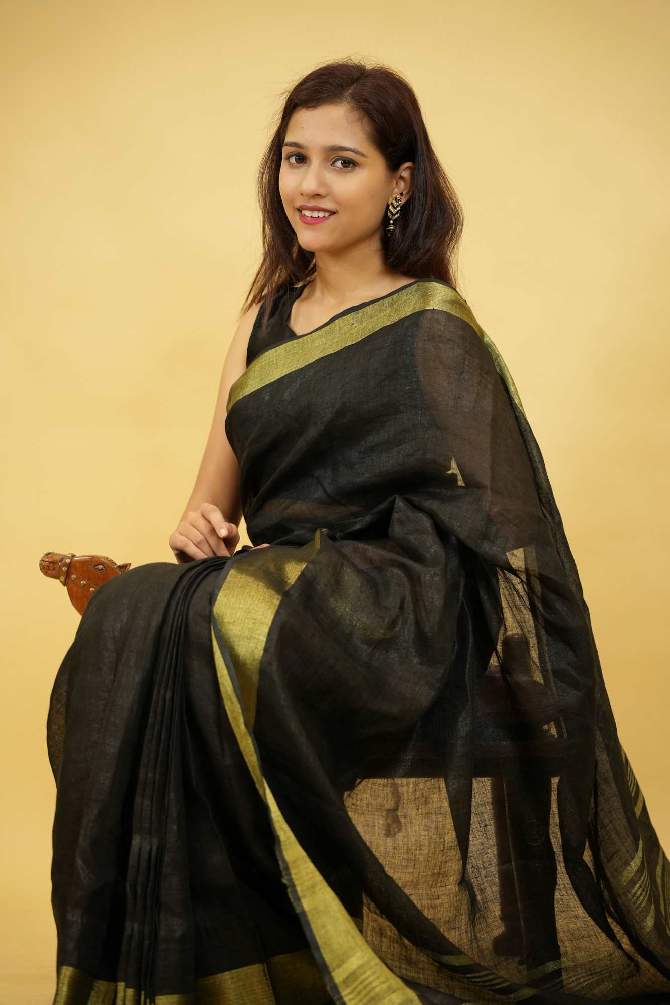 Pure Linen With  Golden Zari  Border Ready To Wear Saree