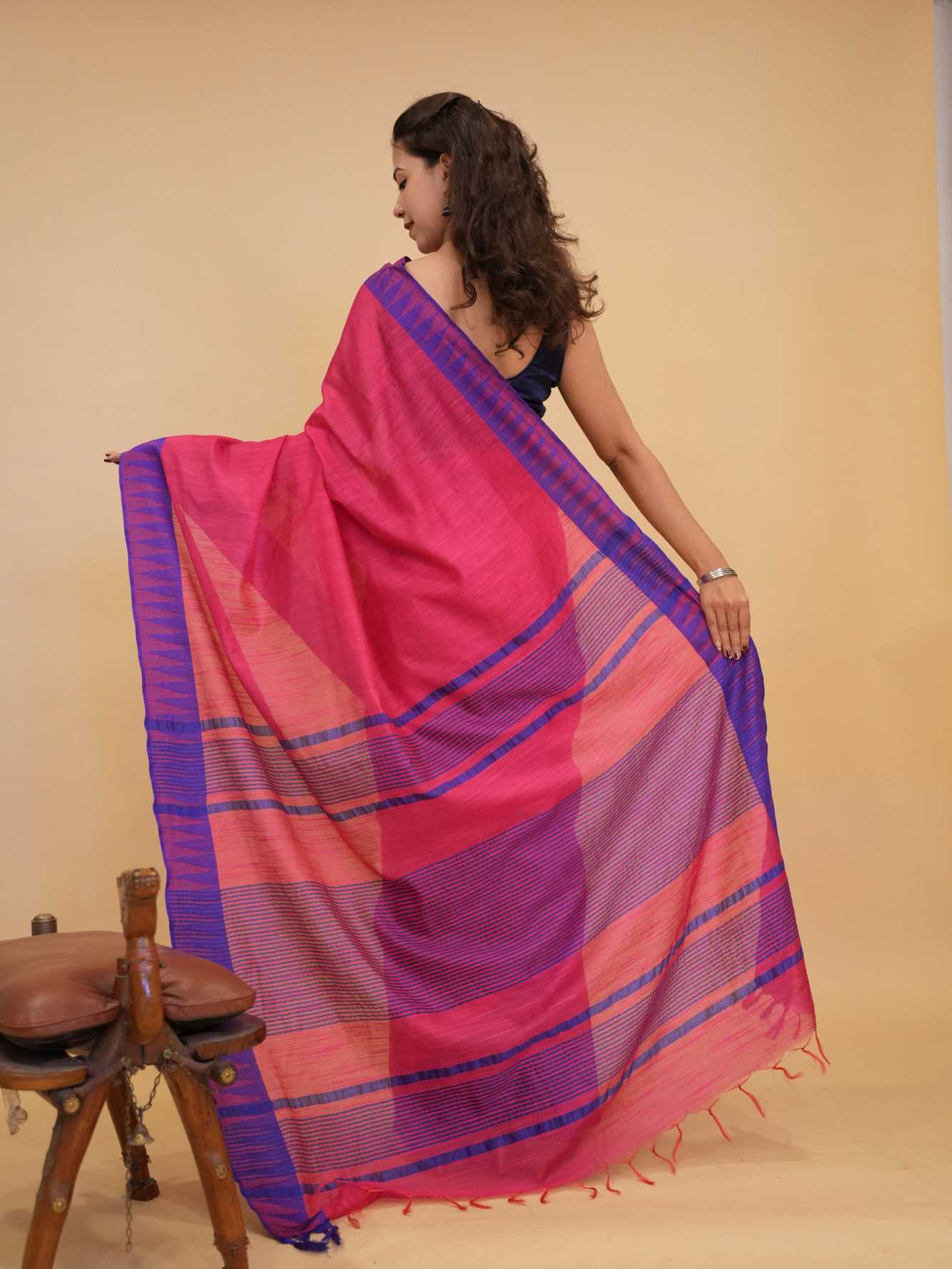 Beautiful Pink Bhagalpuri Silk With Contrast Purple Temple Border Wrap In  One Minute Saree