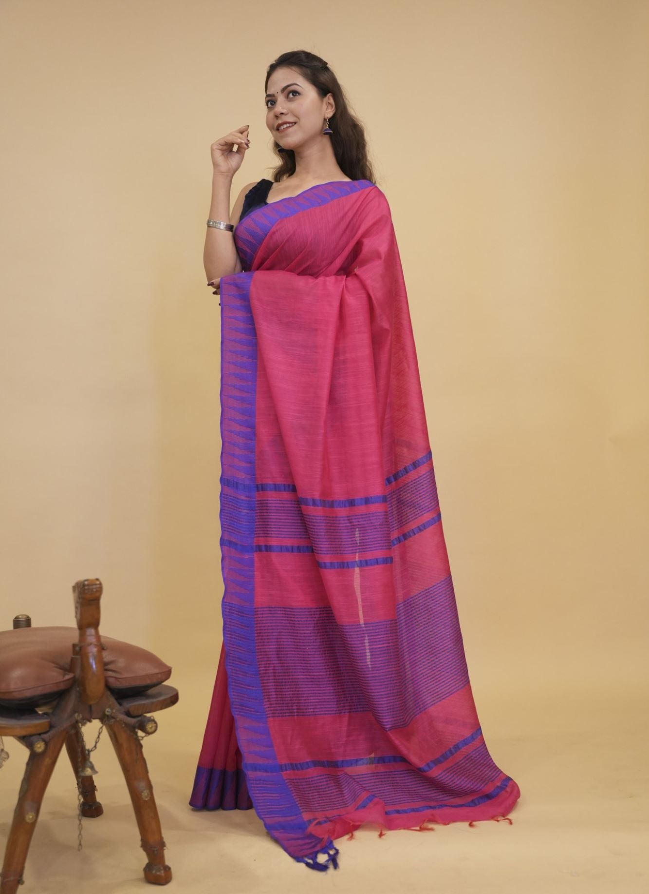 Beautiful Pink Bhagalpuri Silk With Contrast Purple Temple Border Wrap In  One Minute Saree