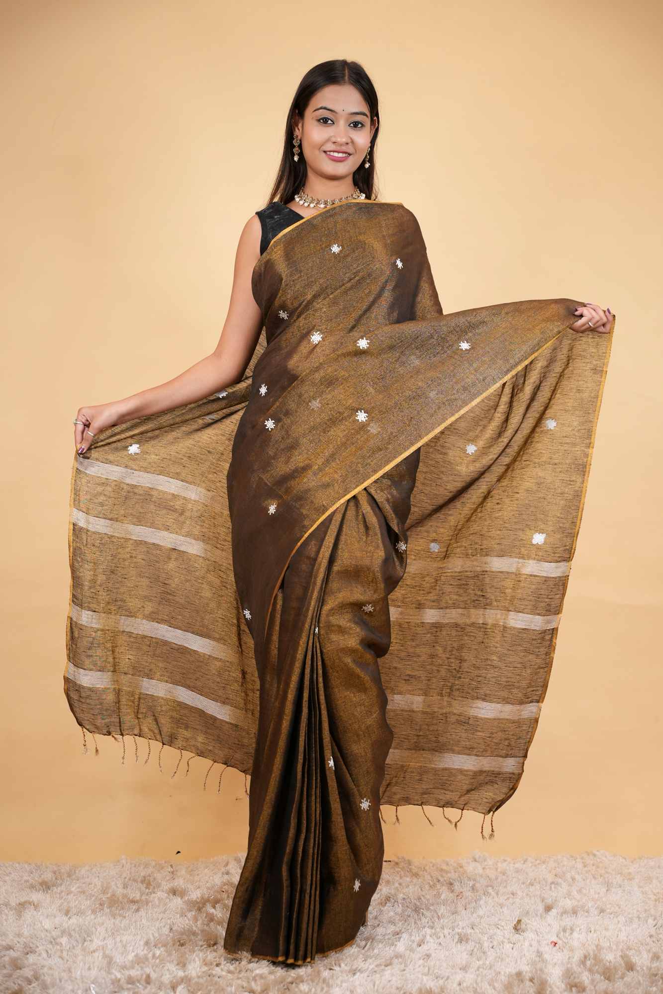 Zari Linen With White Floral Dots Embroidered Ready To Wear Saree