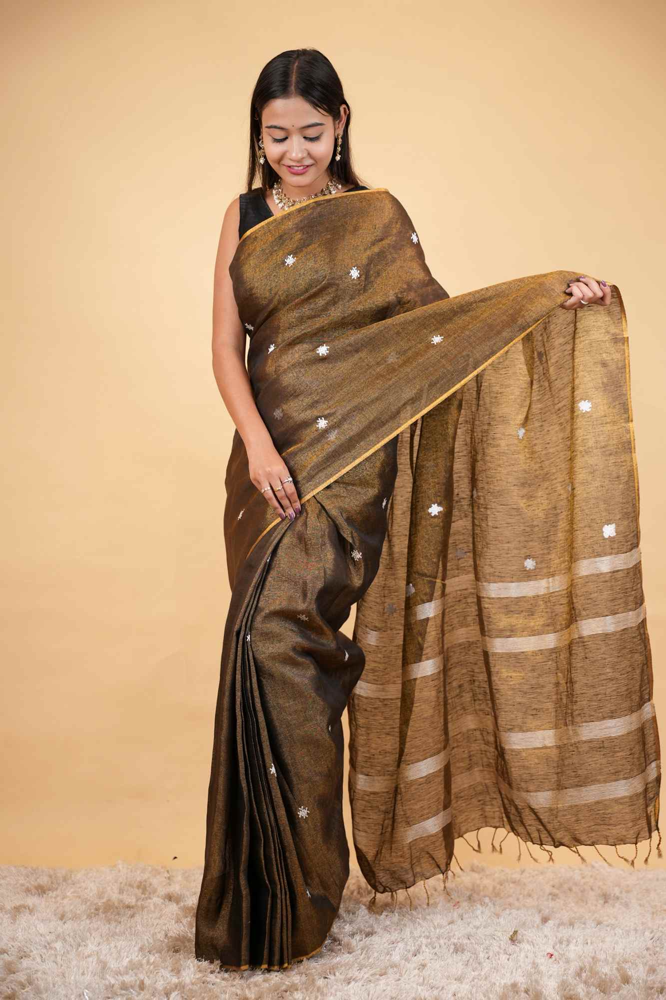 Zari Linen With White Floral Dots Embroidered Ready To Wear Saree