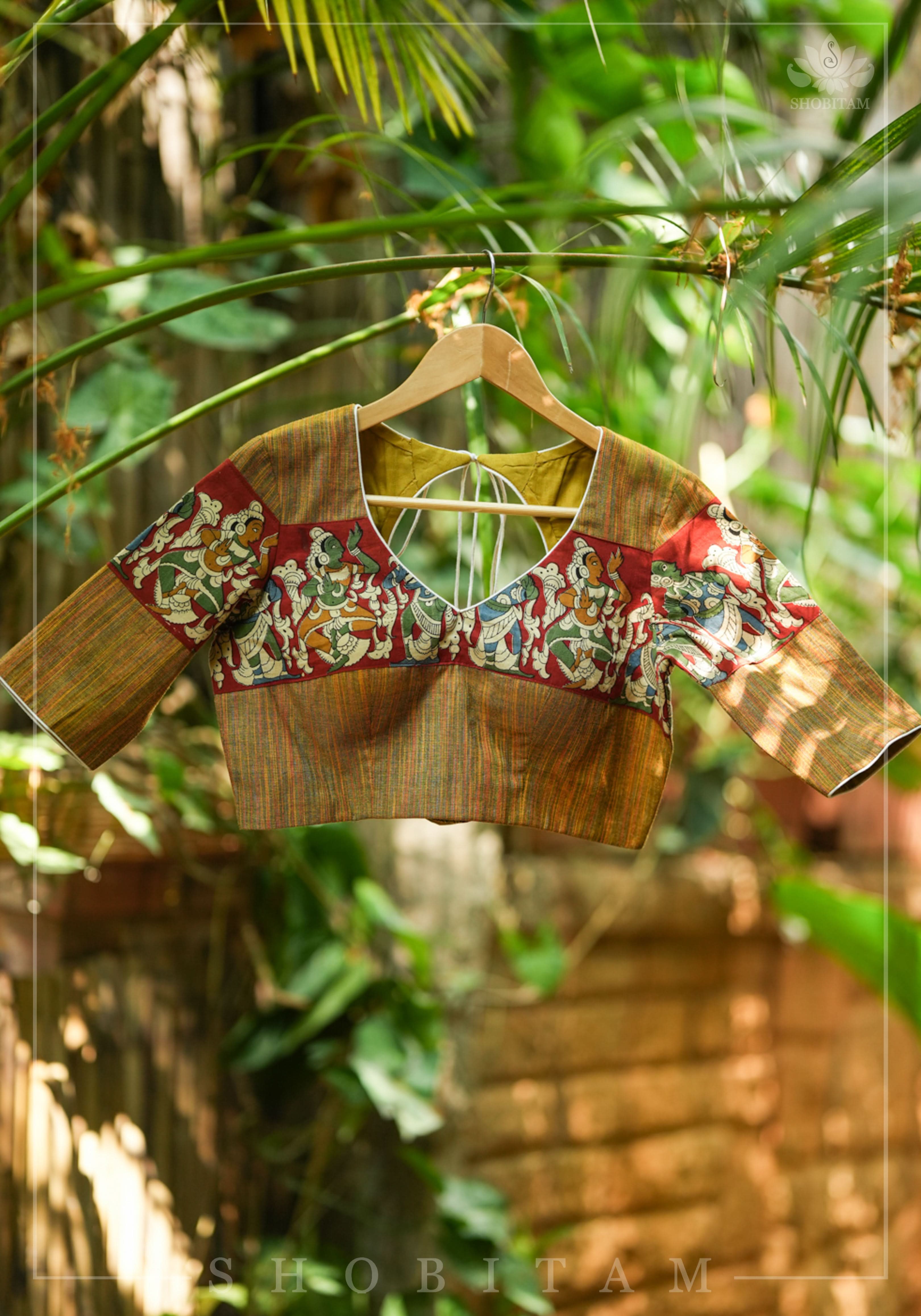 Honey brown handloom cotton V neck blouse with handpainted kalamkari band | Shobitam