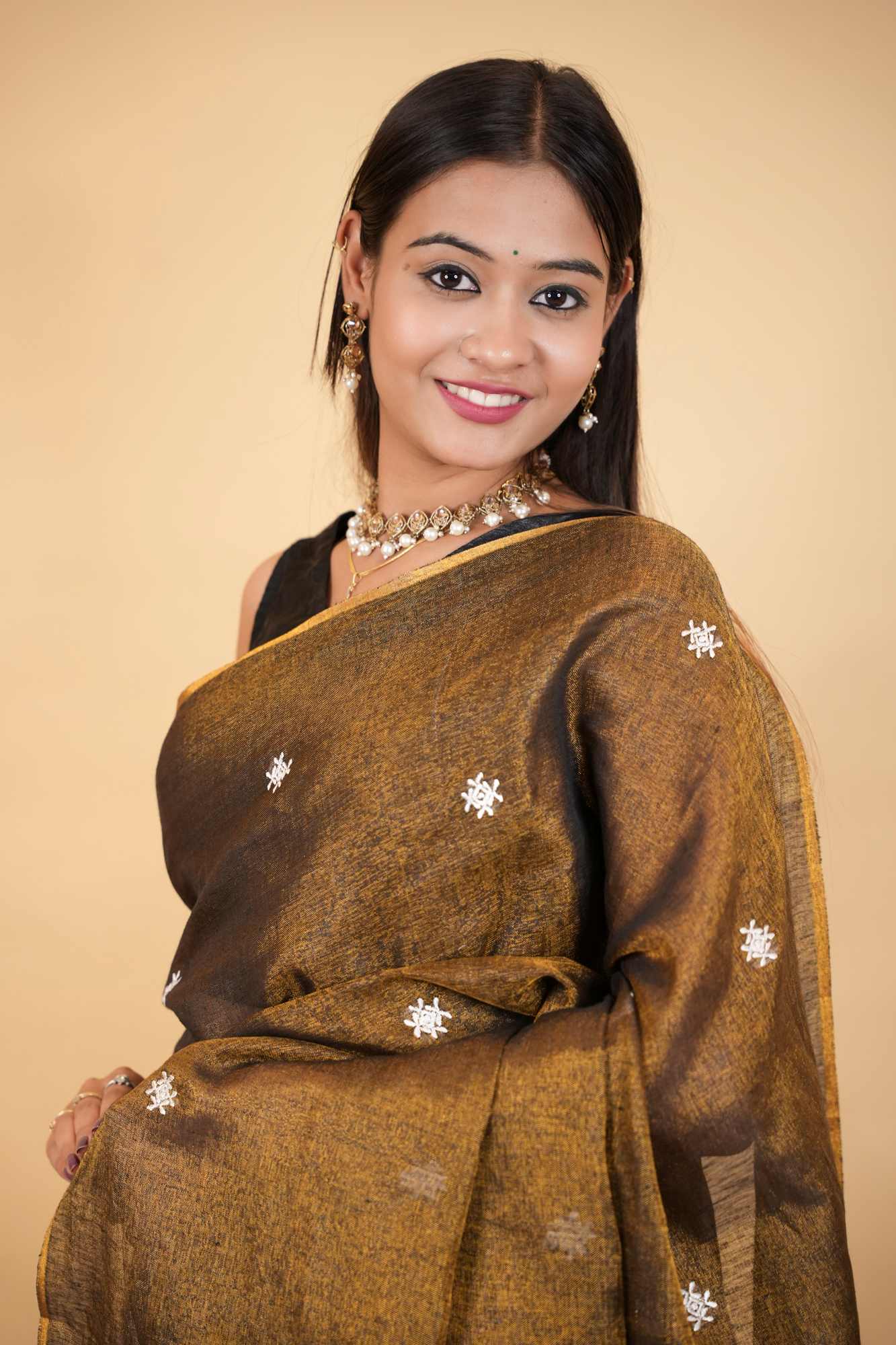 Zari Linen With White Floral Dots Embroidered Ready To Wear Saree