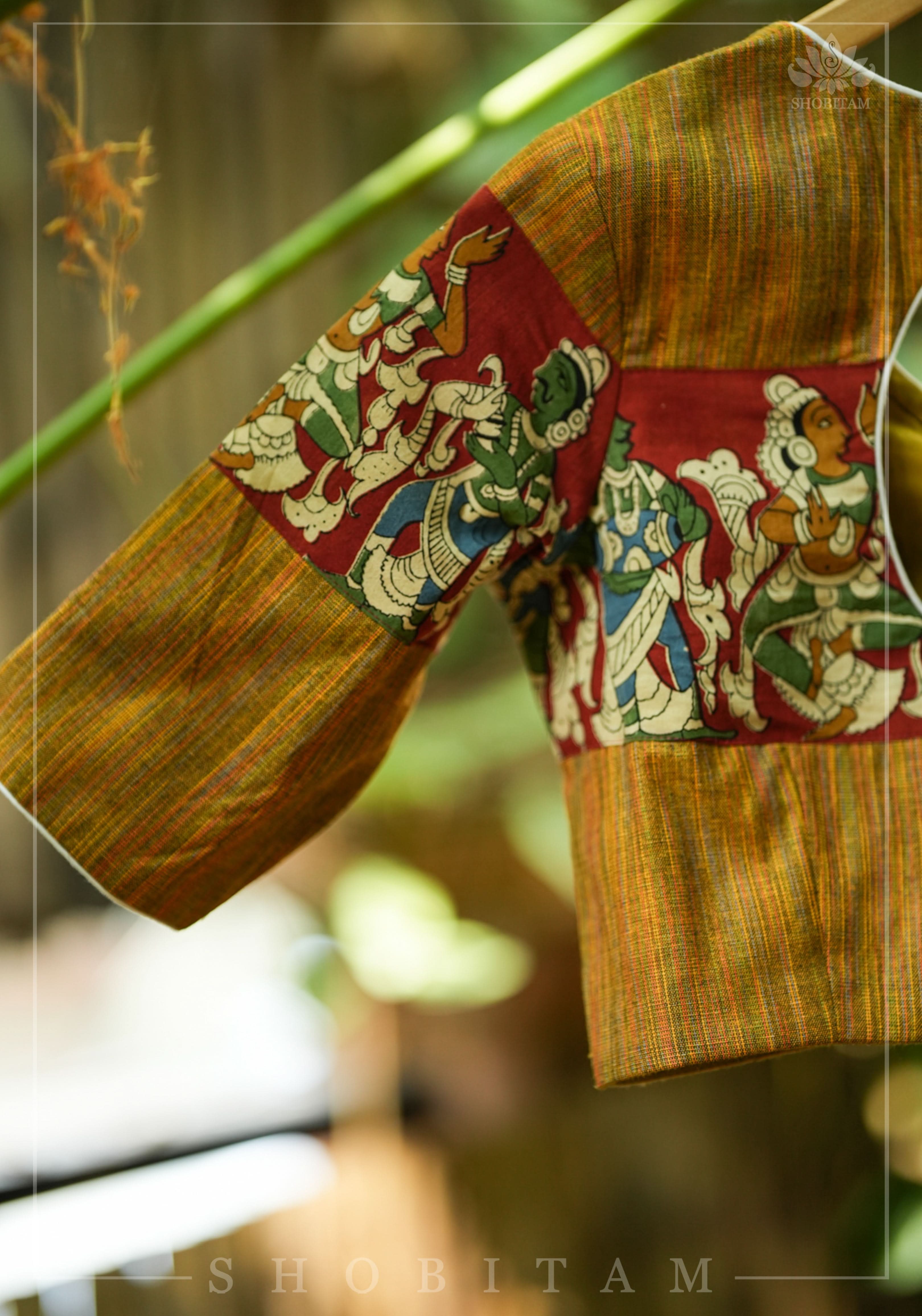 Honey brown handloom cotton V neck blouse with handpainted kalamkari band | Shobitam