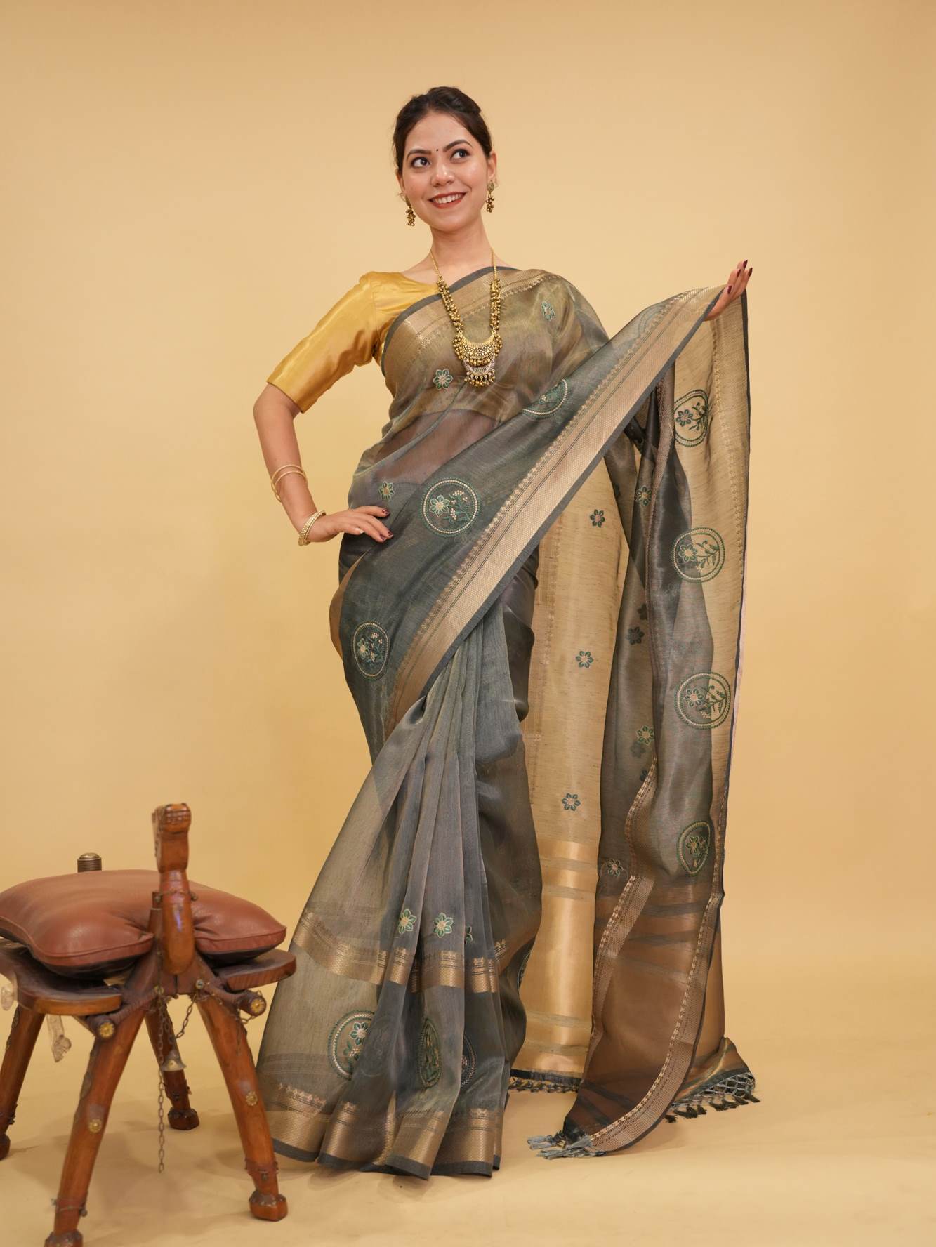 Beautiful Tissue Organza Zari Woven Border & Thread Woven Motifs Overall Ready To Wear Saree