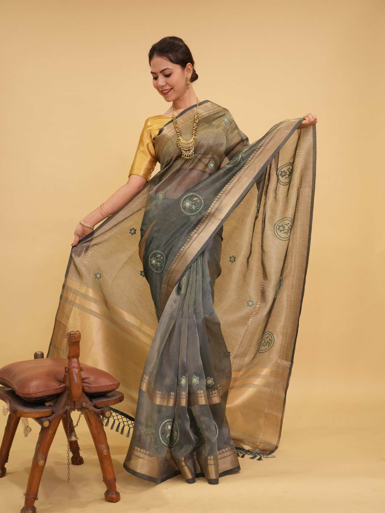 Beautiful Tissue Organza Zari Woven Border & Thread Woven Motifs Overall Ready To Wear Saree