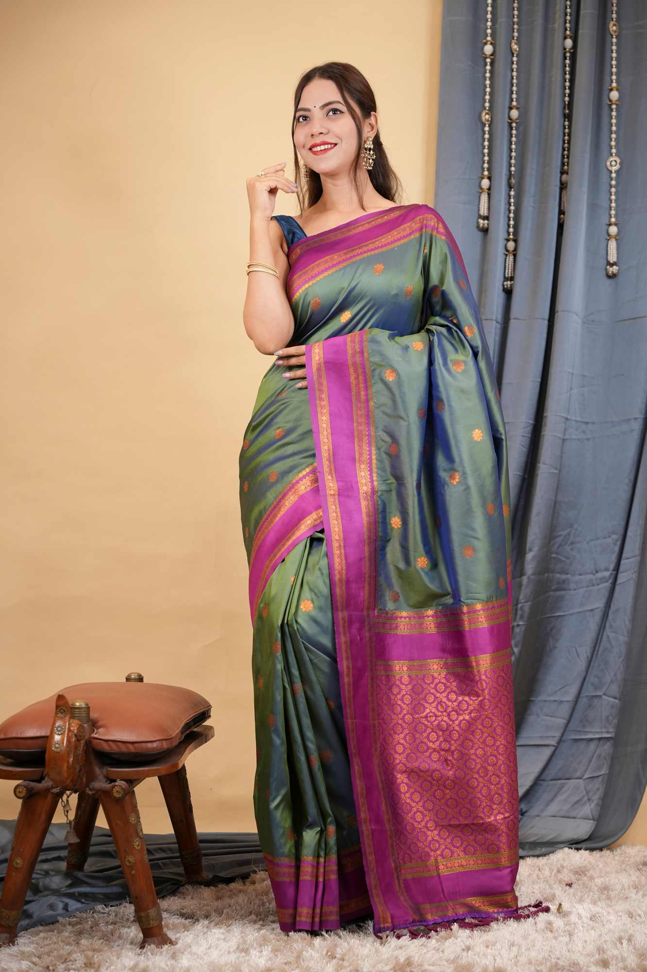 Kanchipuram Premium Silk Blend Prestitched Saree with Golden Butti & Rich Contrast Border Ready To Wear Saree