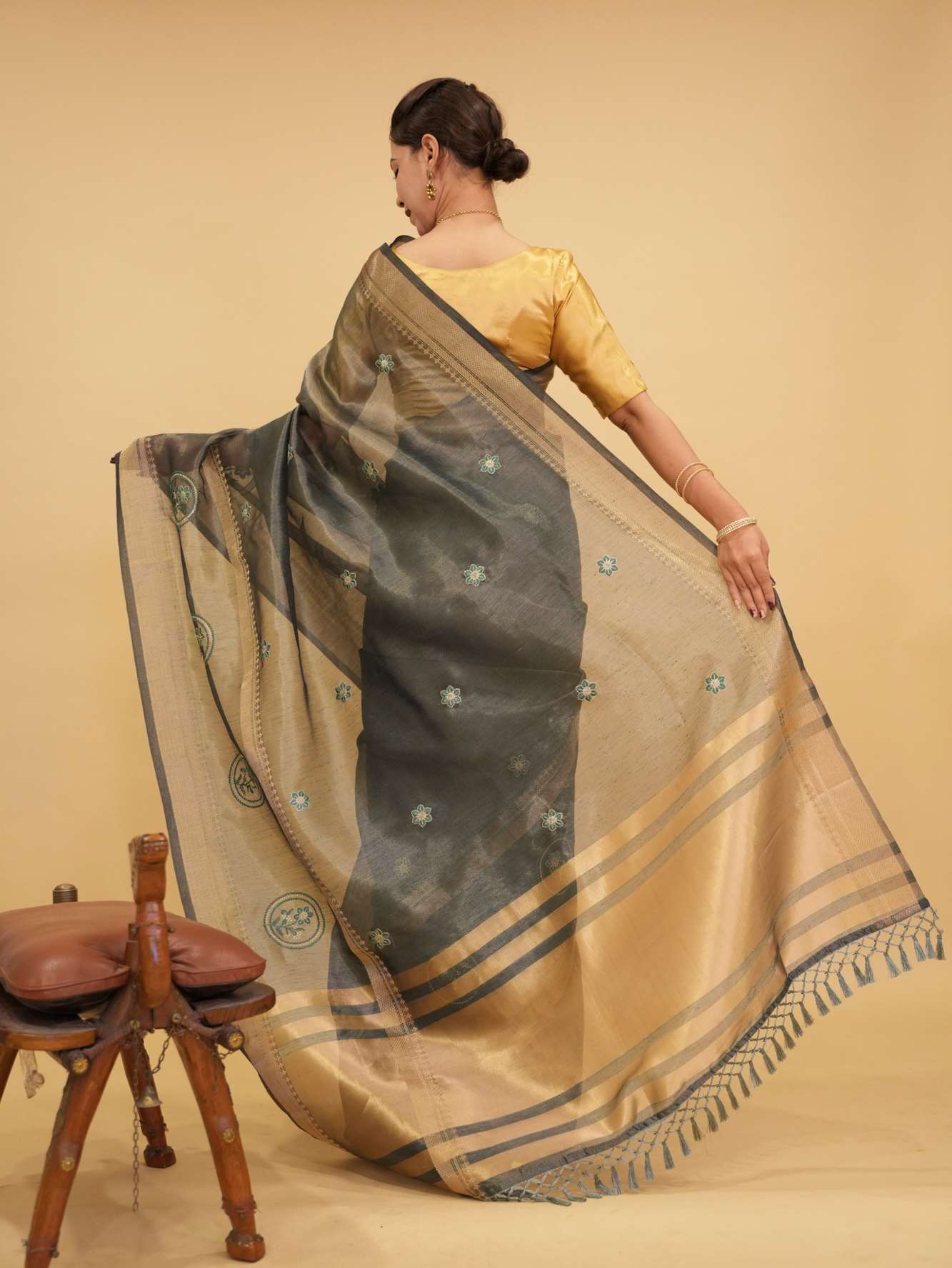 Beautiful Tissue Organza Zari Woven Border & Thread Woven Motifs Overall Ready To Wear Saree