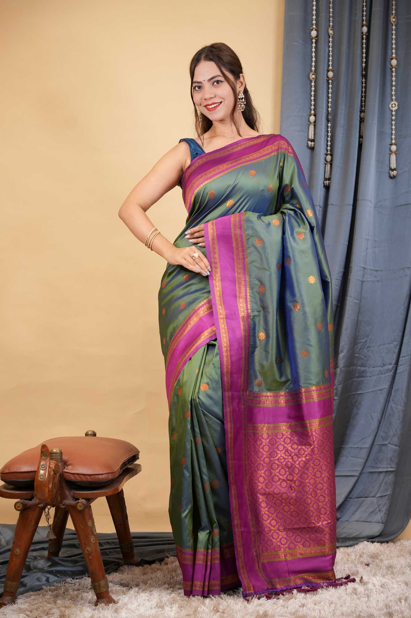 Kanchipuram Premium Silk Blend Prestitched Saree with Golden Butti & Rich Contrast Border Ready To Wear Saree