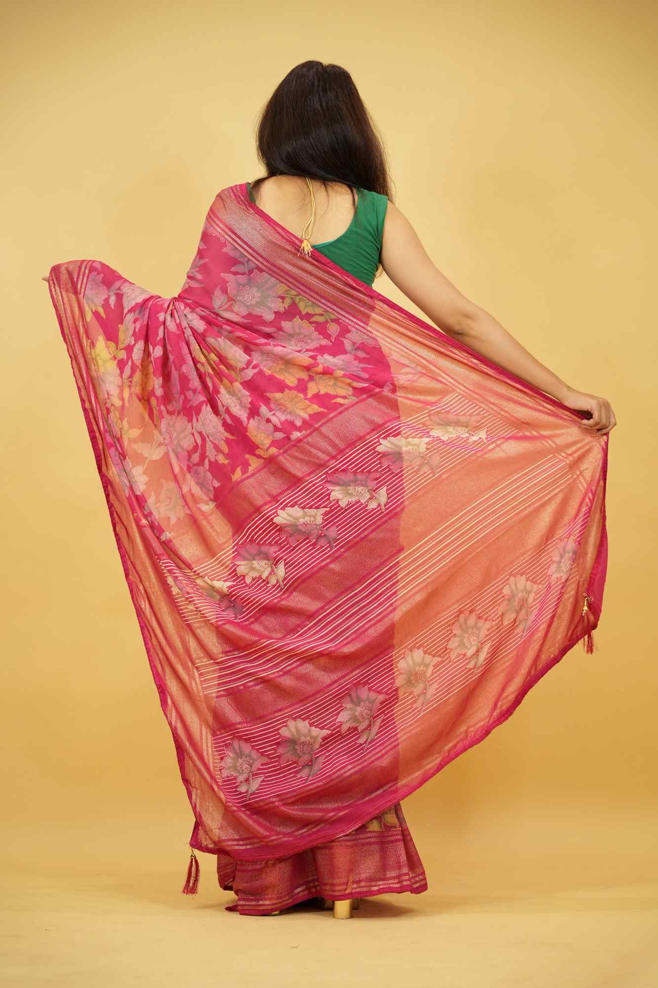 Pink Floral Print in Viscose Georgette Ready To Wear Saree