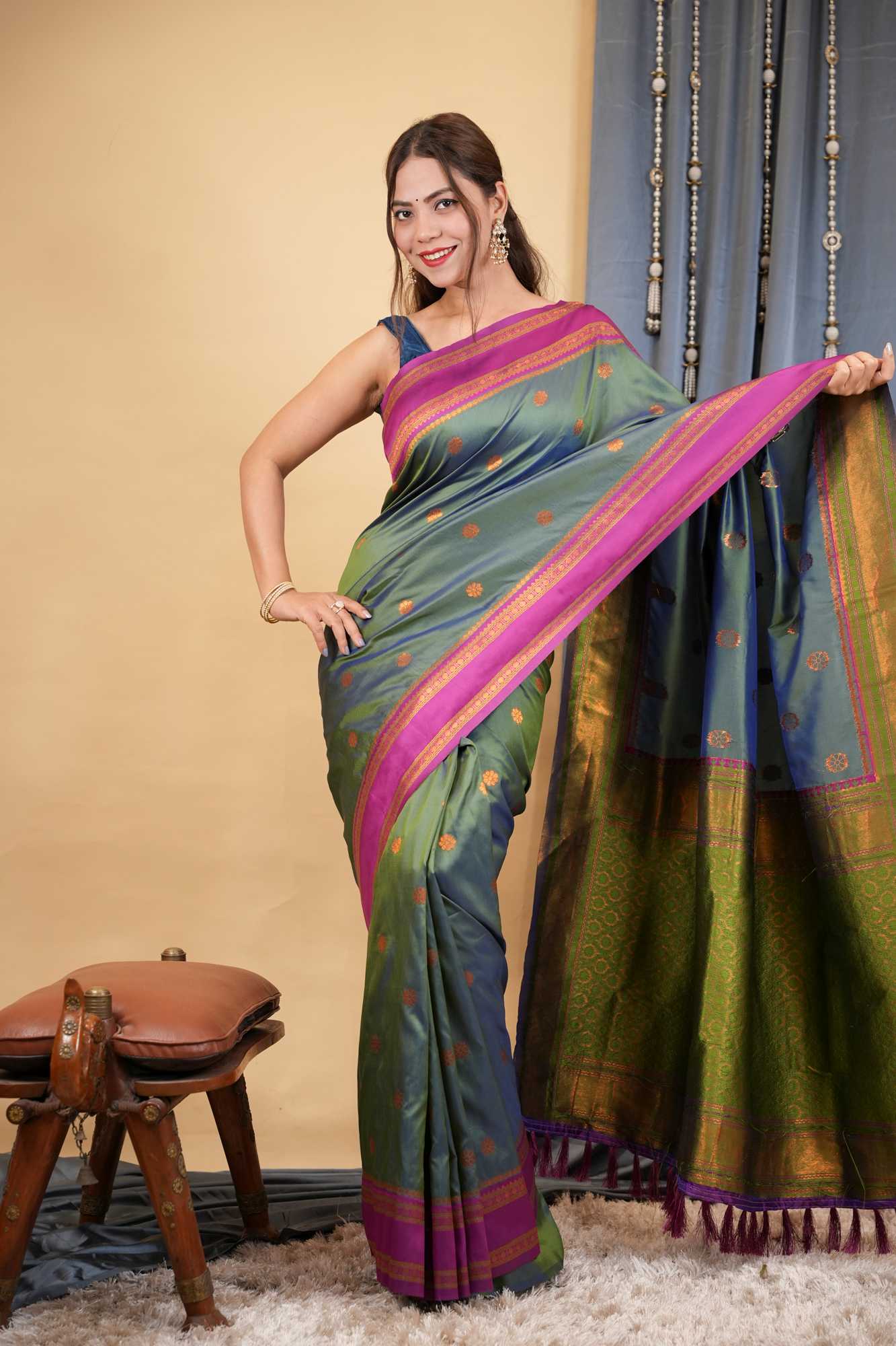 Kanchipuram Premium Silk Blend Prestitched Saree with Golden Butti & Rich Contrast Border Ready To Wear Saree