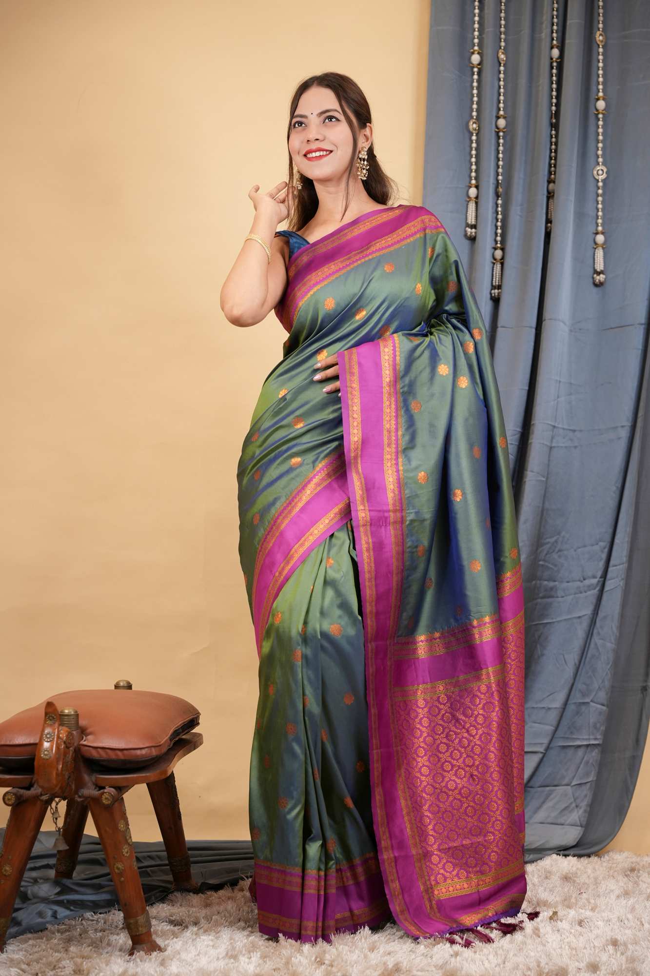 Kanchipuram Premium Silk Blend Prestitched Saree with Golden Butti & Rich Contrast Border Ready To Wear Saree