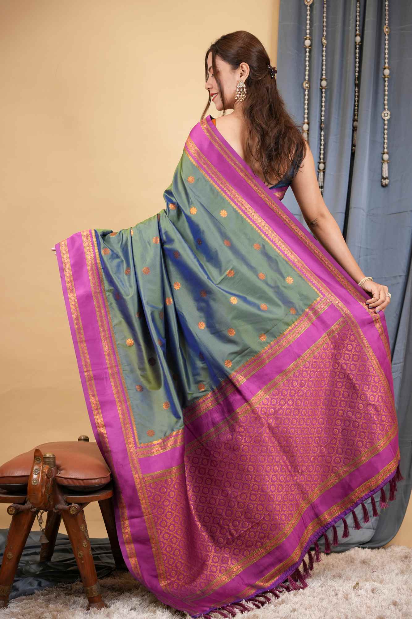 Kanchipuram Premium Silk Blend Prestitched Saree with Golden Butti & Rich Contrast Border Ready To Wear Saree