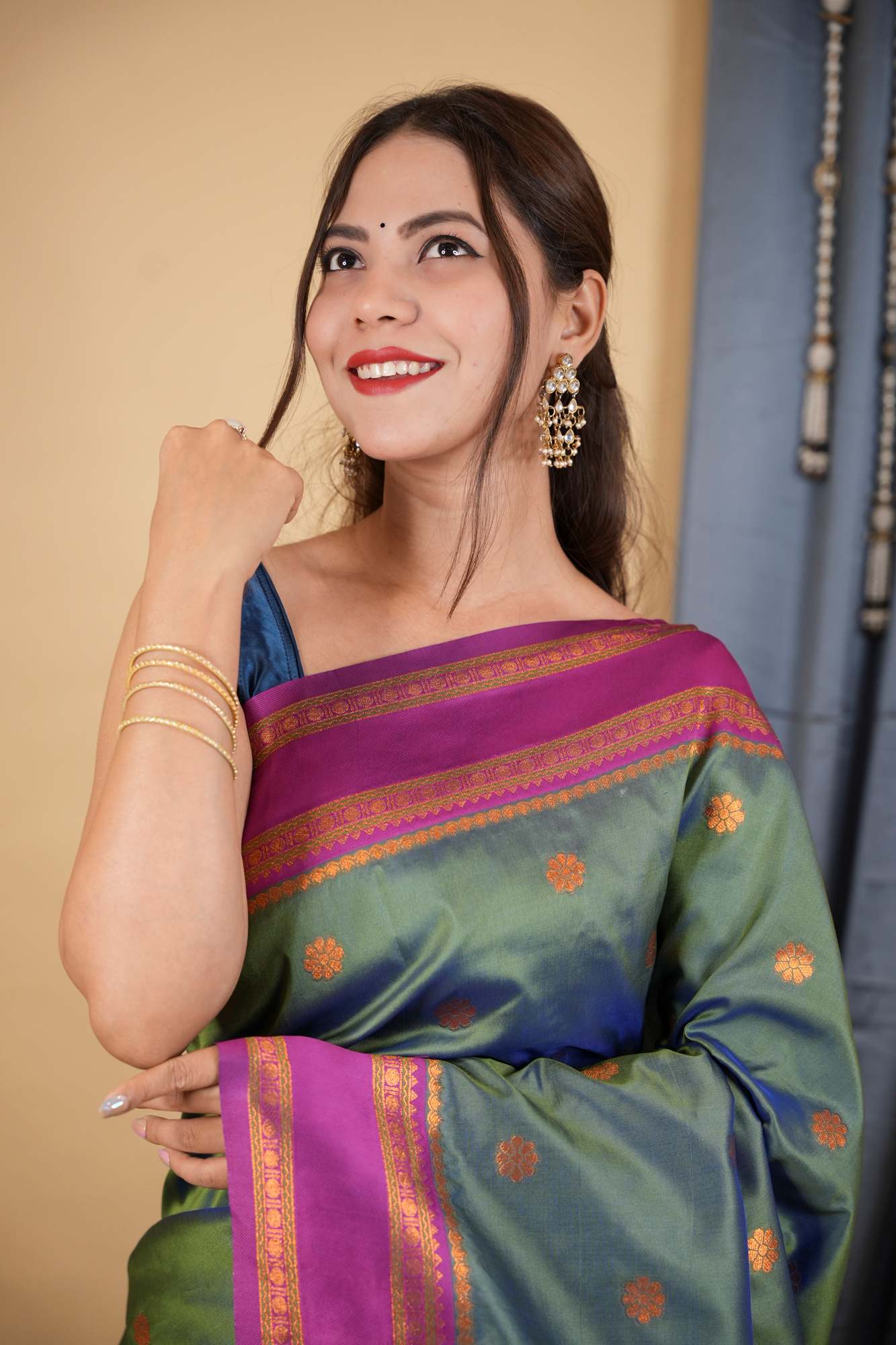 Kanchipuram Premium Silk Blend Prestitched Saree with Golden Butti & Rich Contrast Border Ready To Wear Saree