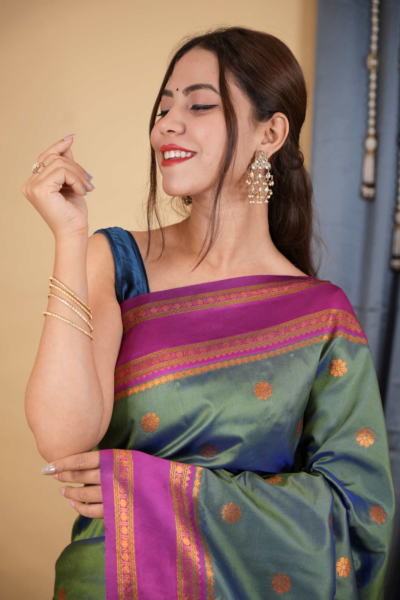 Kanchipuram Premium Silk Blend Prestitched Saree with Golden Butti & Rich Contrast Border Ready To Wear Saree