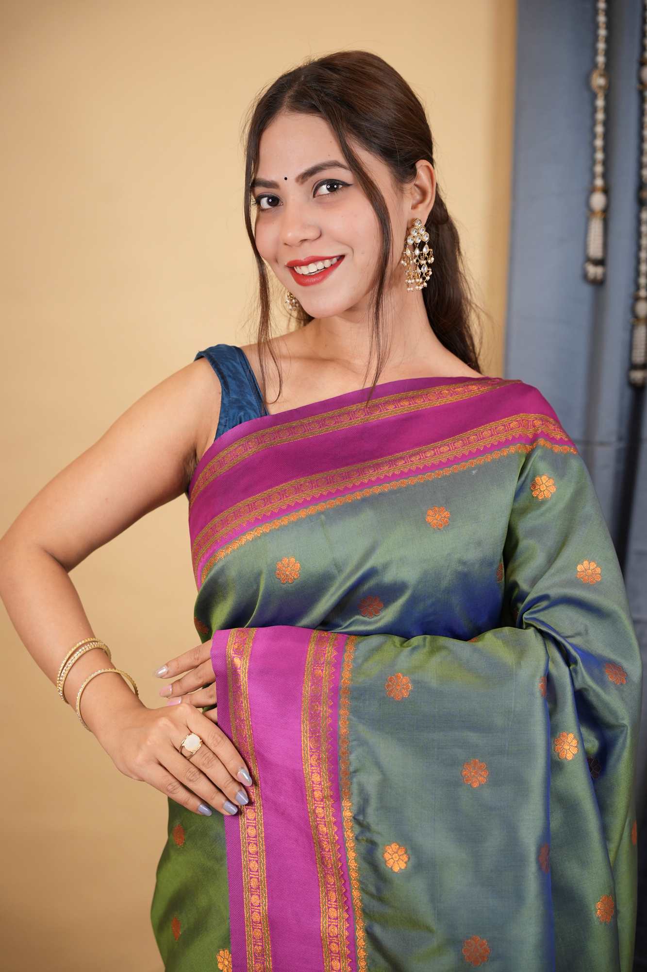 Kanchipuram Premium Silk Blend Prestitched Saree with Golden Butti & Rich Contrast Border Ready To Wear Saree