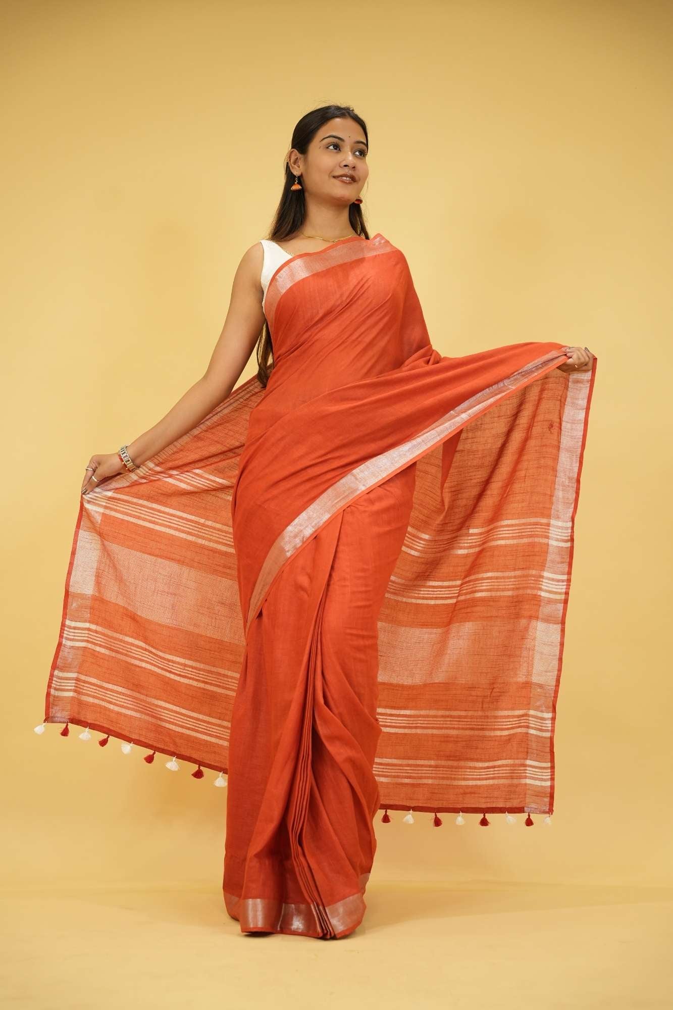 Gorgeous Maroon Linen Cotton Ready to Wear Saree