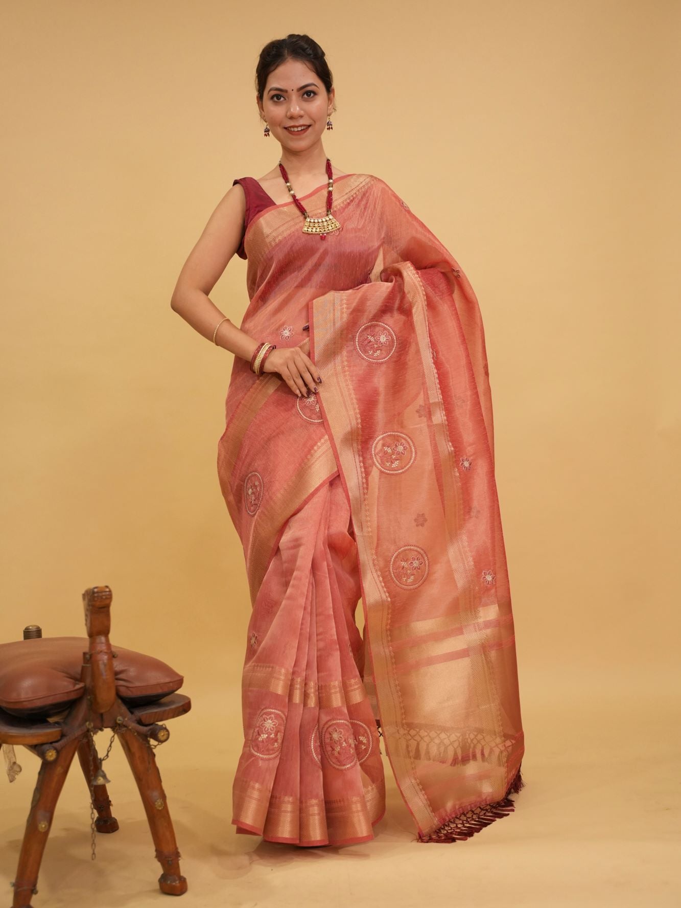 Beautiful Tissue Organza in Gajzari Tonned Zari Woven Border & Thread Woven Motifs Overall Ready To Wear Saree