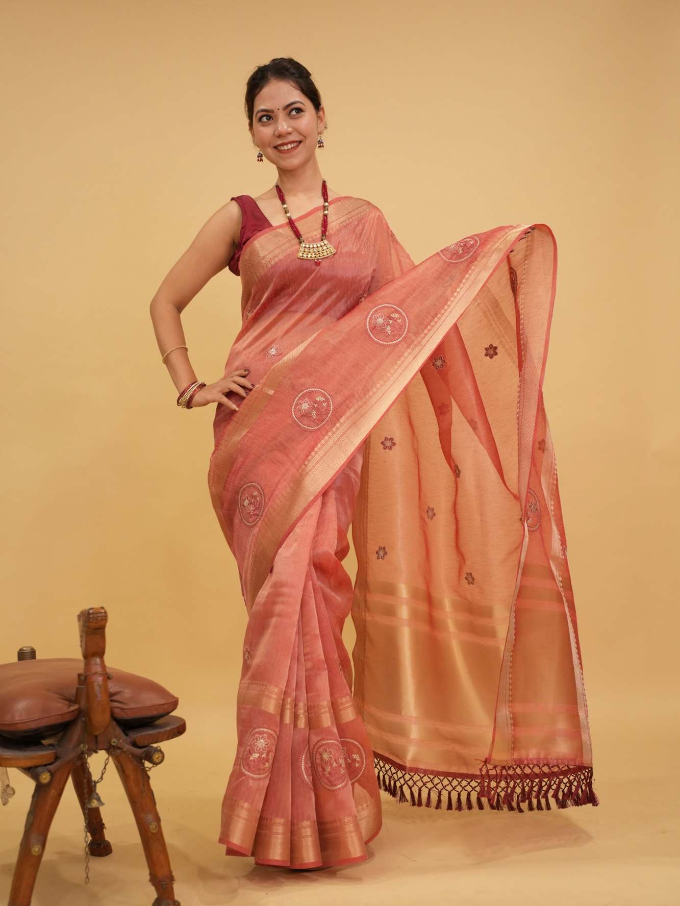 Beautiful Tissue Organza in Gajzari Tonned Zari Woven Border & Thread Woven Motifs Overall Ready To Wear Saree