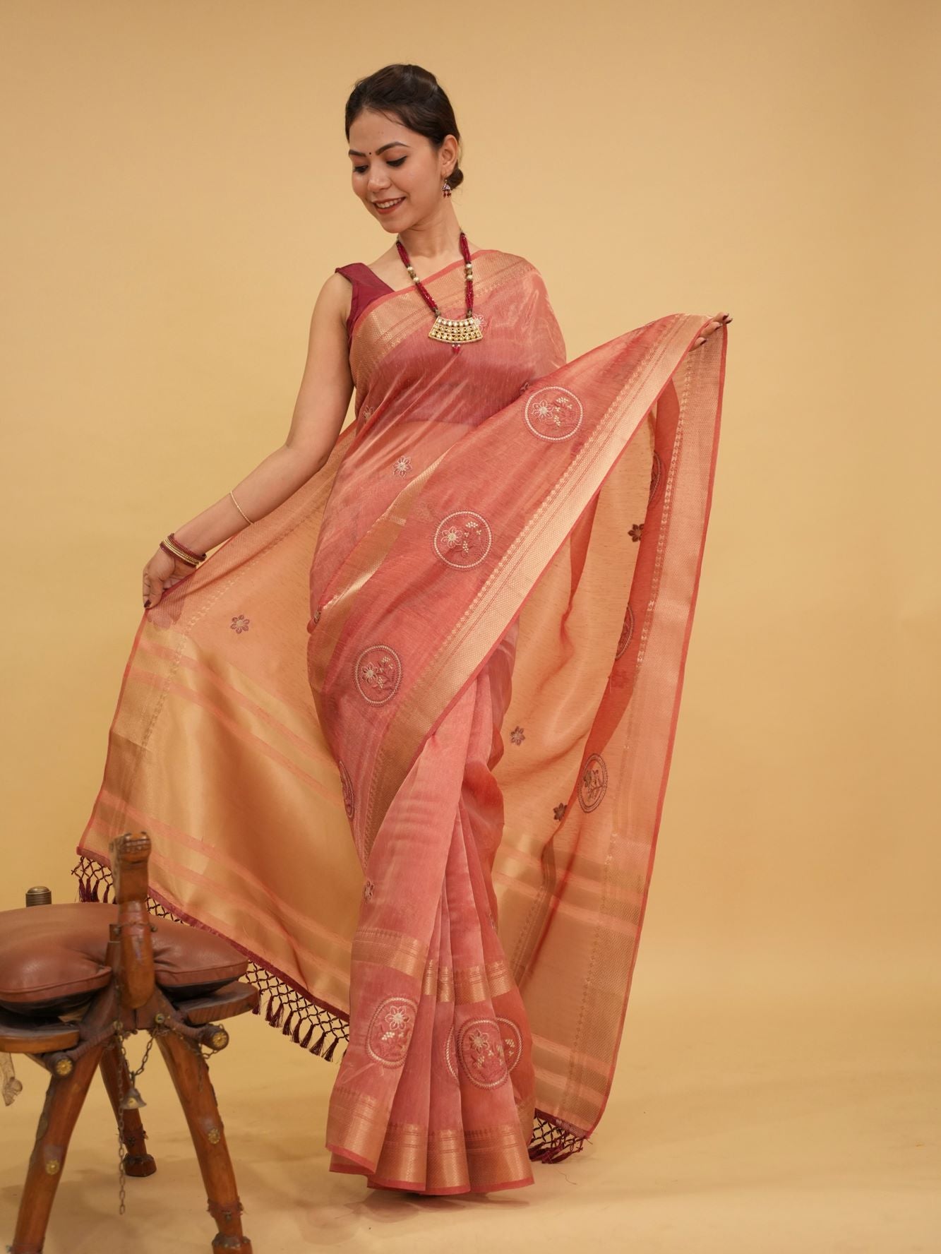 Beautiful Tissue Organza in Gajzari Tonned Zari Woven Border & Thread Woven Motifs Overall Ready To Wear Saree