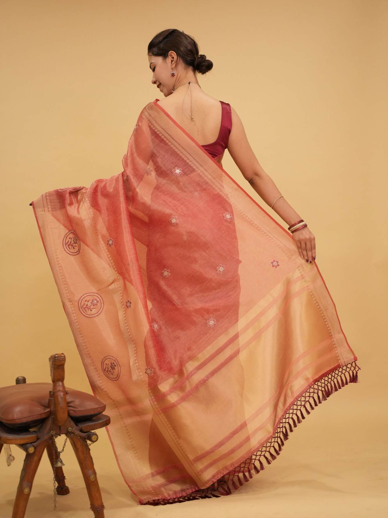 Beautiful Tissue Organza in Gajzari Tonned Zari Woven Border & Thread Woven Motifs Overall Ready To Wear Saree