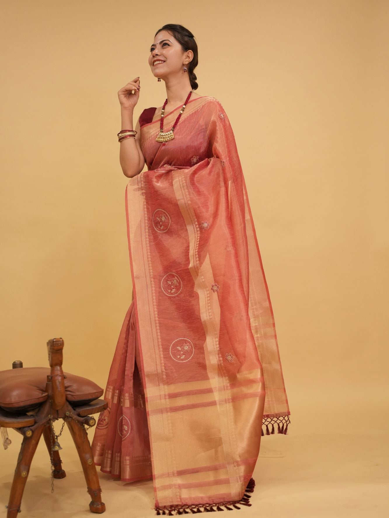 Beautiful Tissue Organza in Gajzari Tonned Zari Woven Border & Thread Woven Motifs Overall Ready To Wear Saree