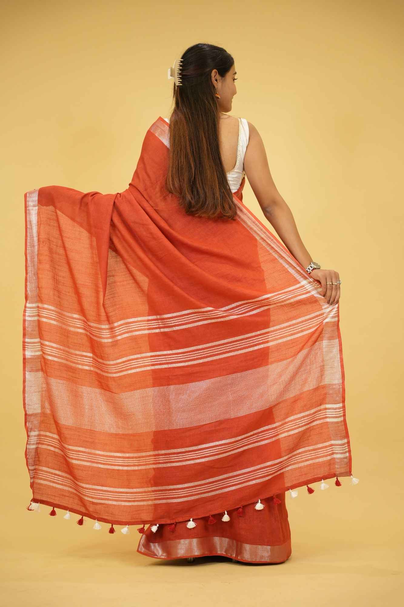 Gorgeous Maroon Linen Cotton Ready to Wear Saree