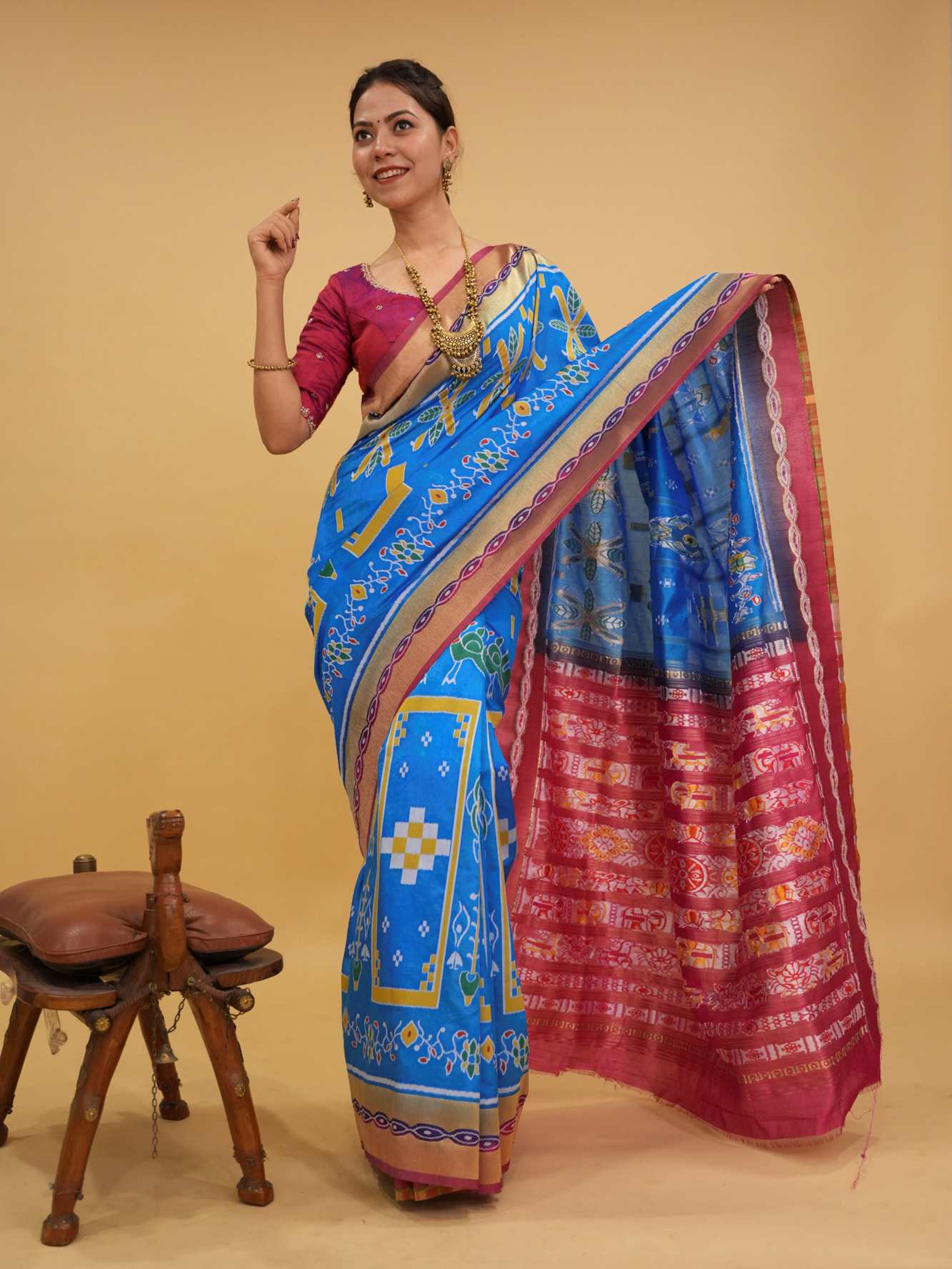 Firozi Blue With Contrast Border & Palla With Ikat Woven Overall Ready To Wear Saree