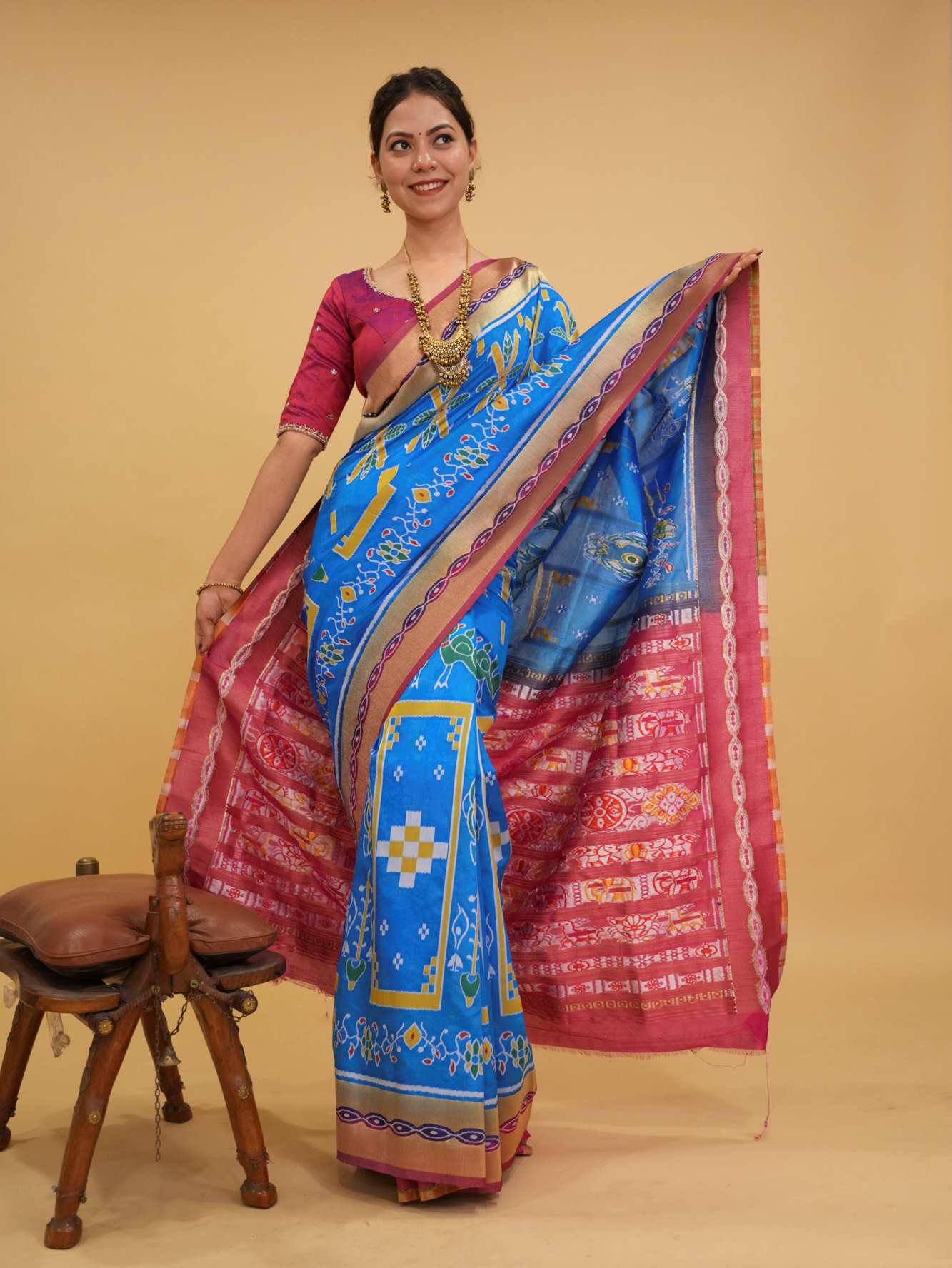 Firozi Blue With Contrast Border & Palla With Ikat Woven Overall Ready To Wear Saree